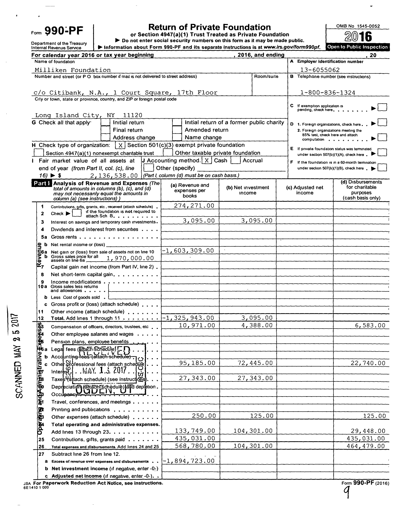 Image of first page of 2016 Form 990PF for Milliken Foundation