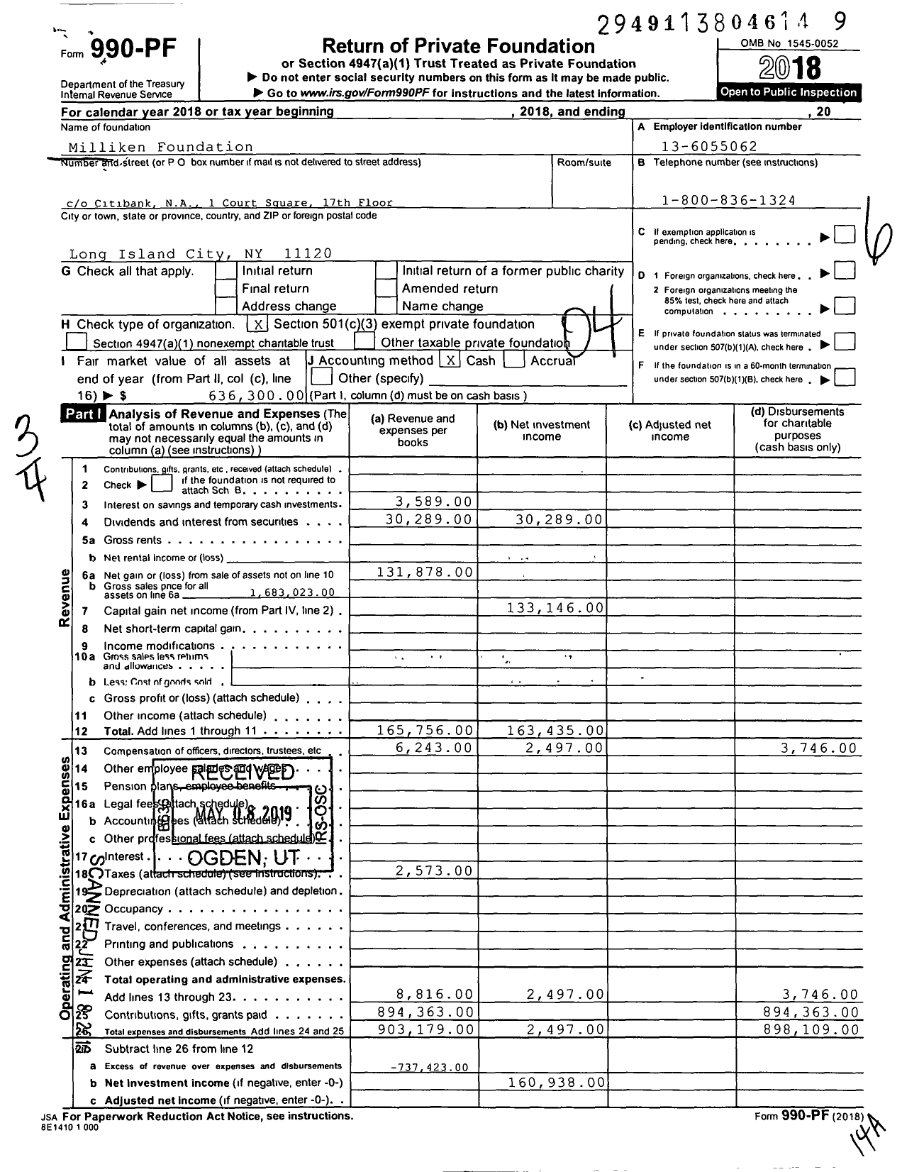 Image of first page of 2018 Form 990PF for Milliken Foundation