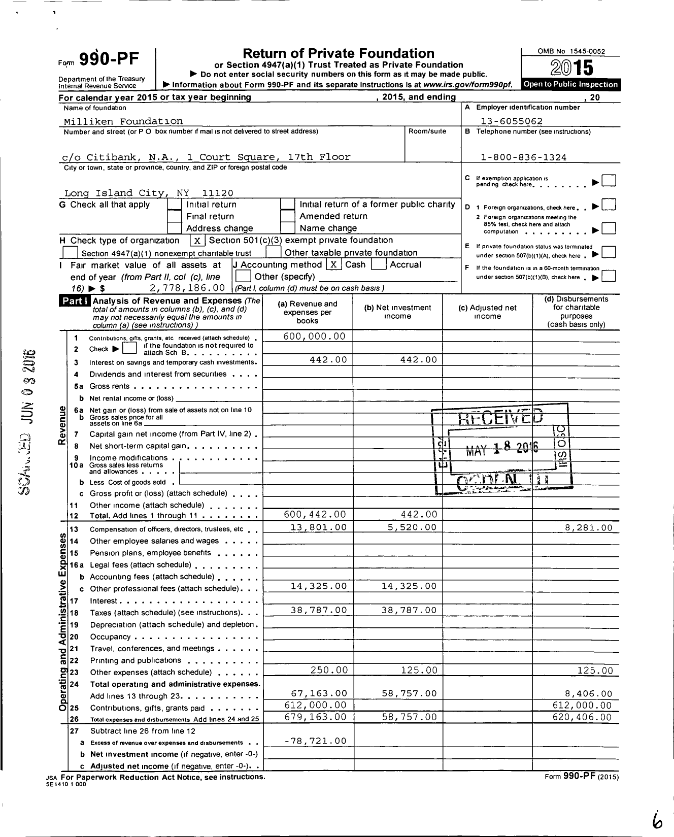 Image of first page of 2015 Form 990PF for Milliken Foundation