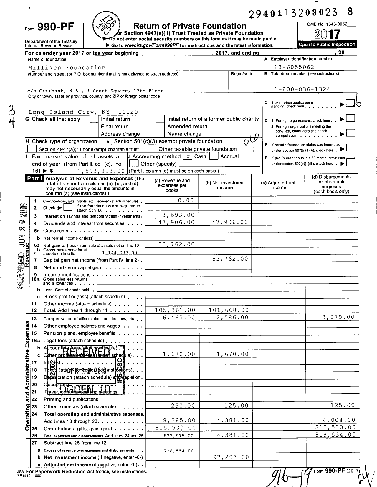 Image of first page of 2017 Form 990PF for Milliken Foundation