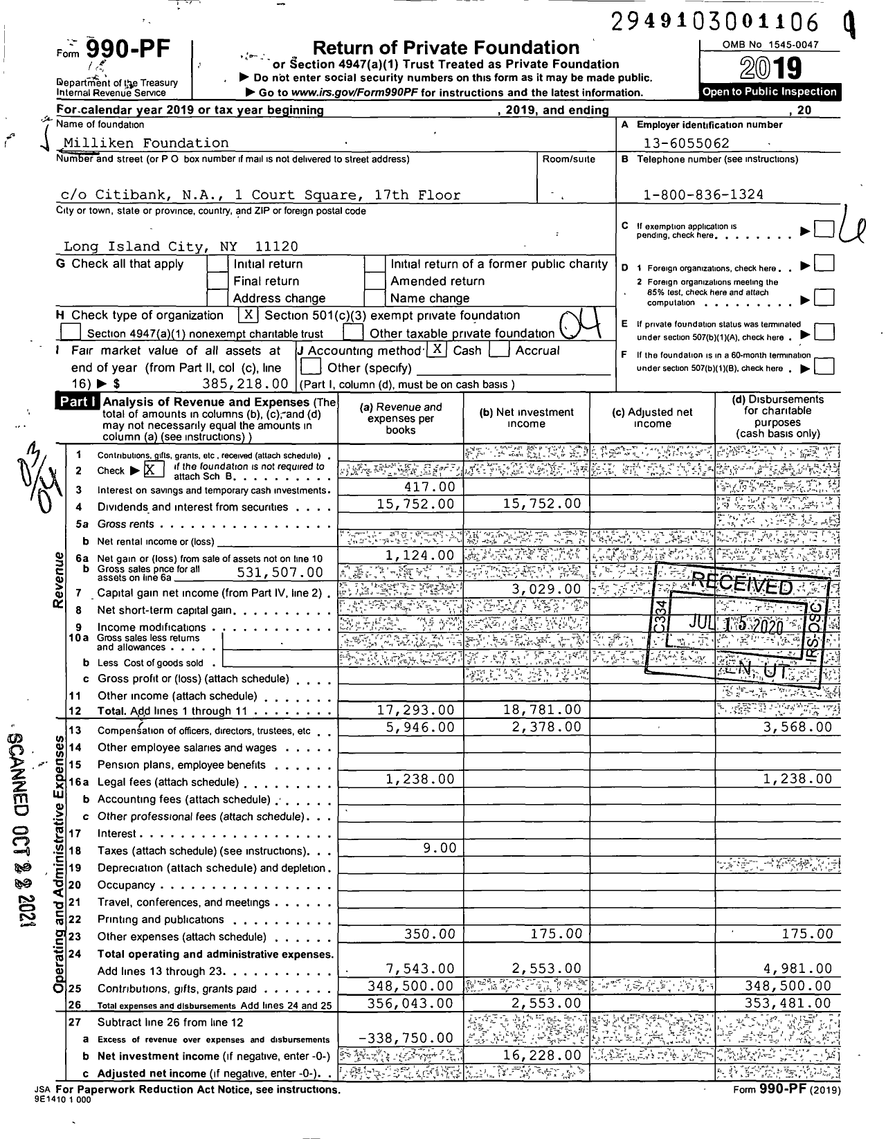 Image of first page of 2019 Form 990PF for Milliken Foundation