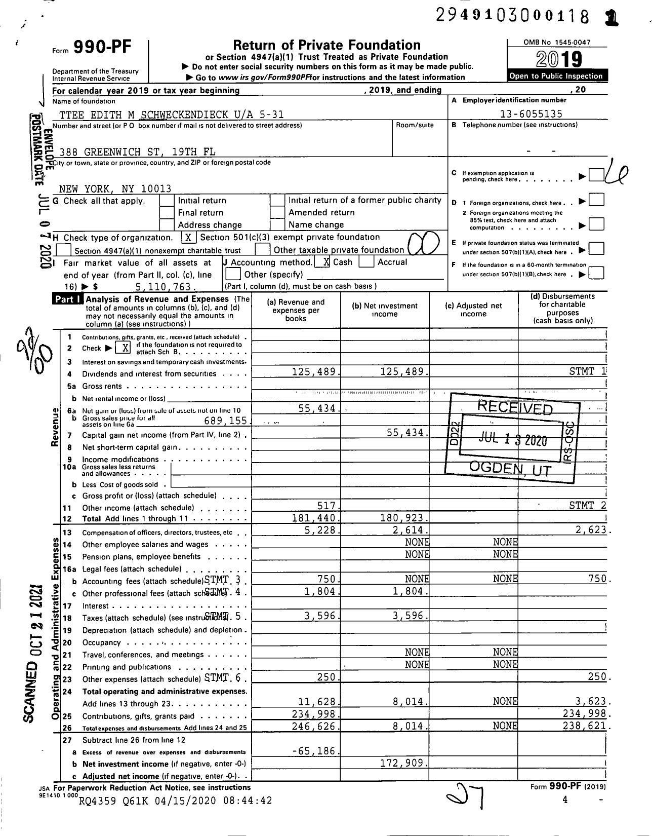 Image of first page of 2019 Form 990PF for Trustees Edith M Schweckendieck 5-31