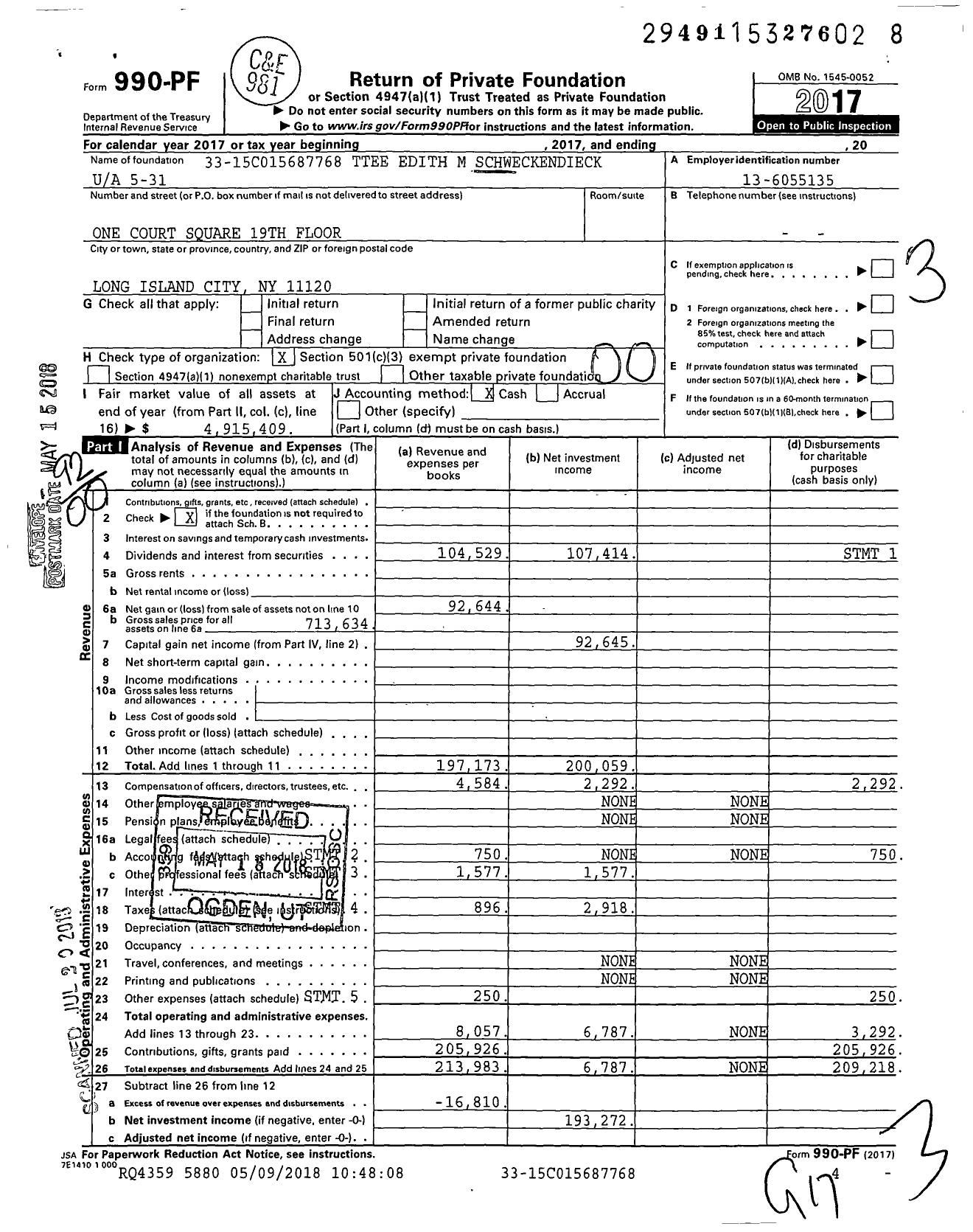 Image of first page of 2017 Form 990PF for Trustees Edith M Schweckendieck 5-31