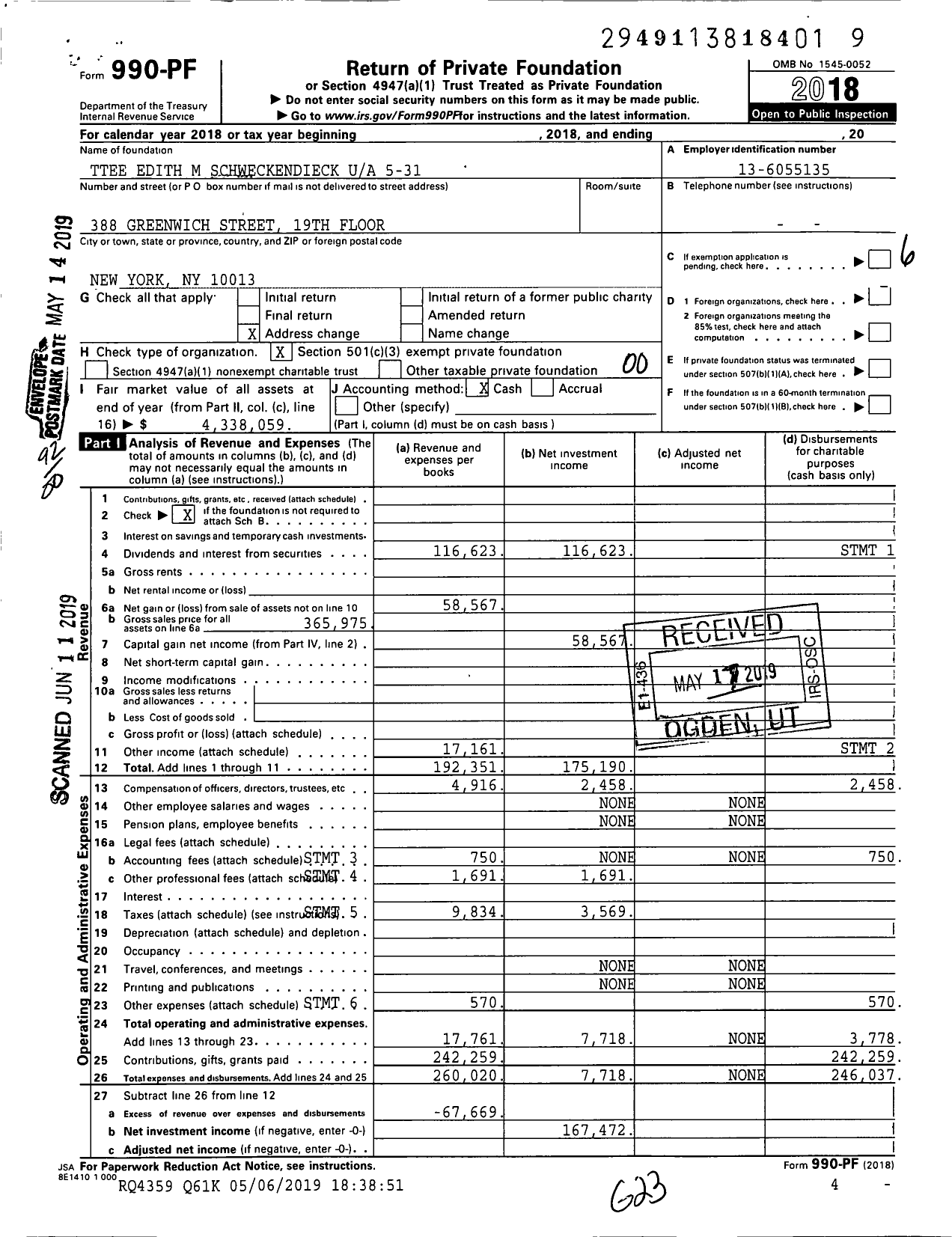 Image of first page of 2018 Form 990PF for Trustees Edith M Schweckendieck 5-31