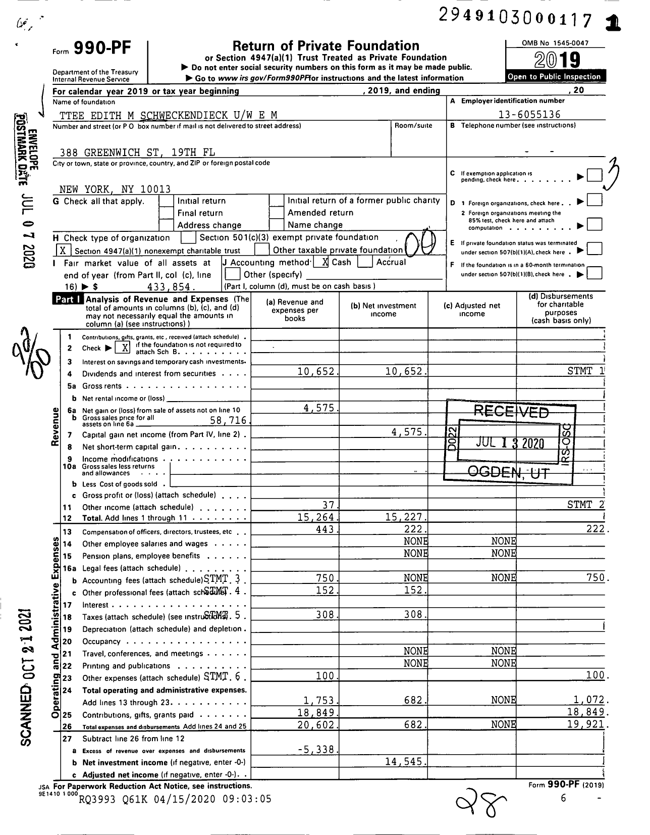 Image of first page of 2019 Form 990PF for Trustees Edith M Schweckendieck Uw E M