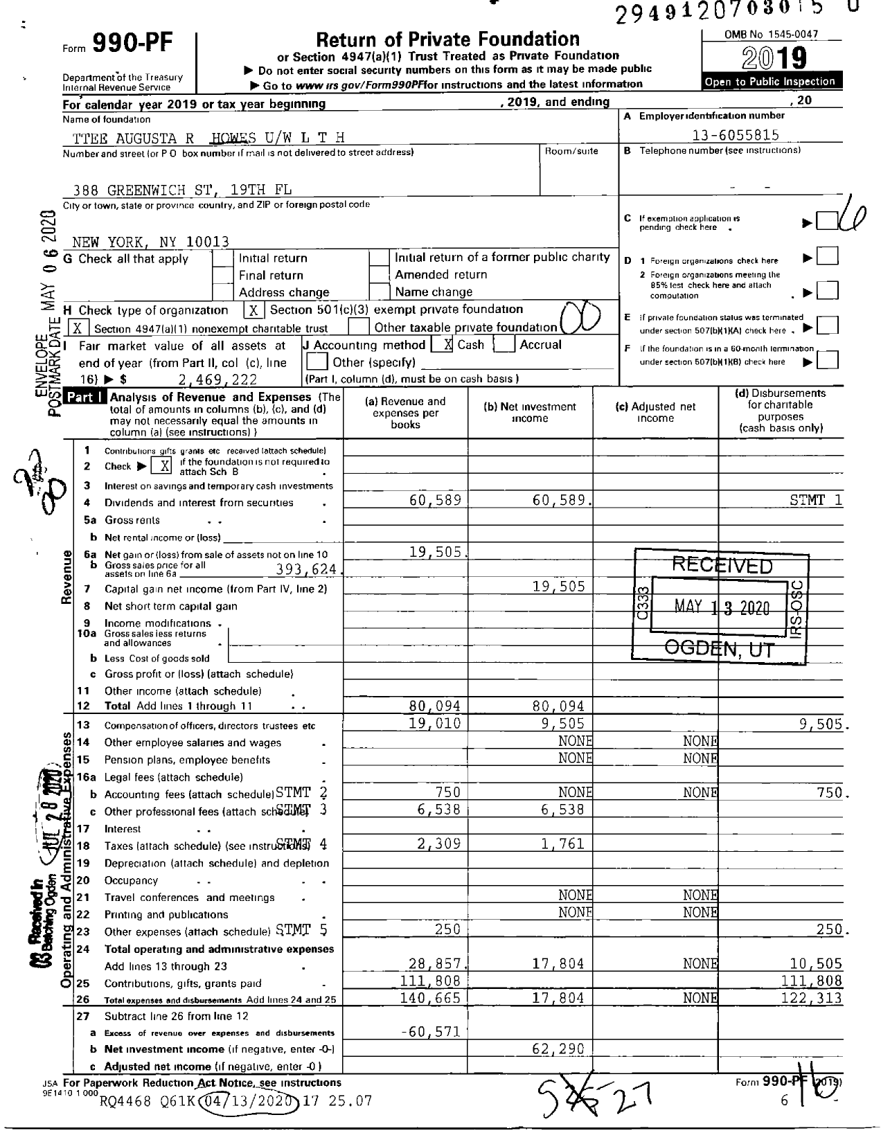 Image of first page of 2019 Form 990PR for Trustees Augusta R Howes Uw LTH