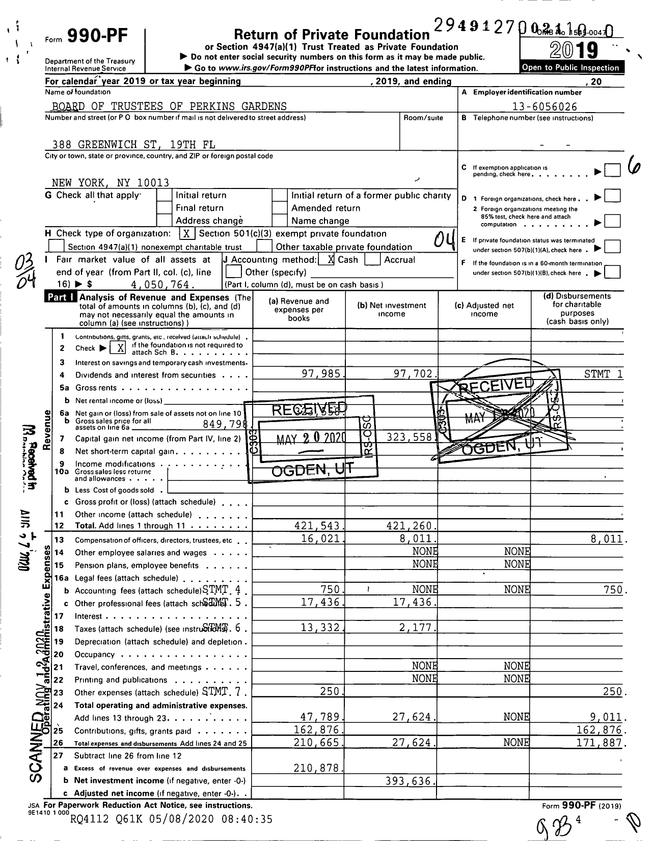 Image of first page of 2019 Form 990PF for Board of Trustees of Perkins Gardens