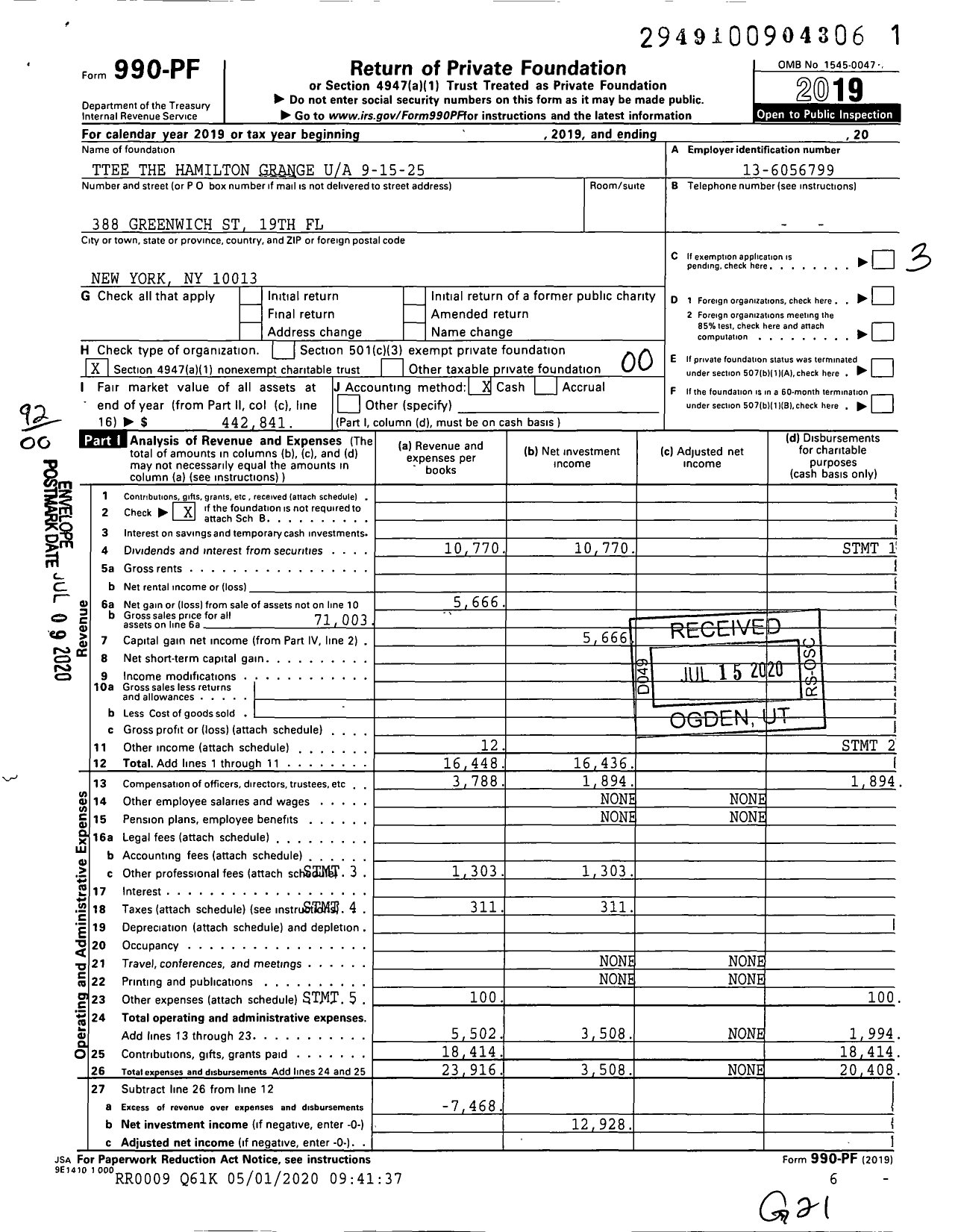 Image of first page of 2019 Form 990PF for Trustees the Hamilton Grange 9-15-25