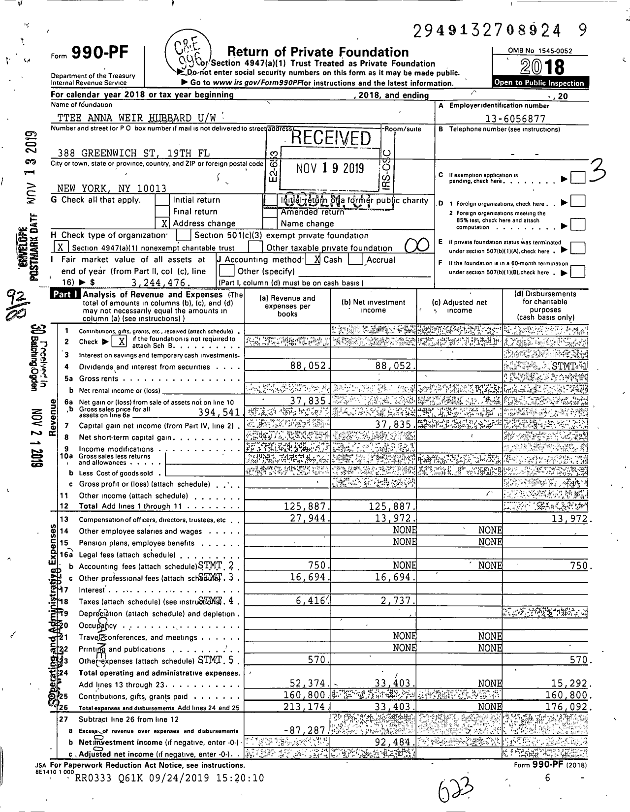 Image of first page of 2018 Form 990PF for Trustees Anna Weir Hubbard Uw