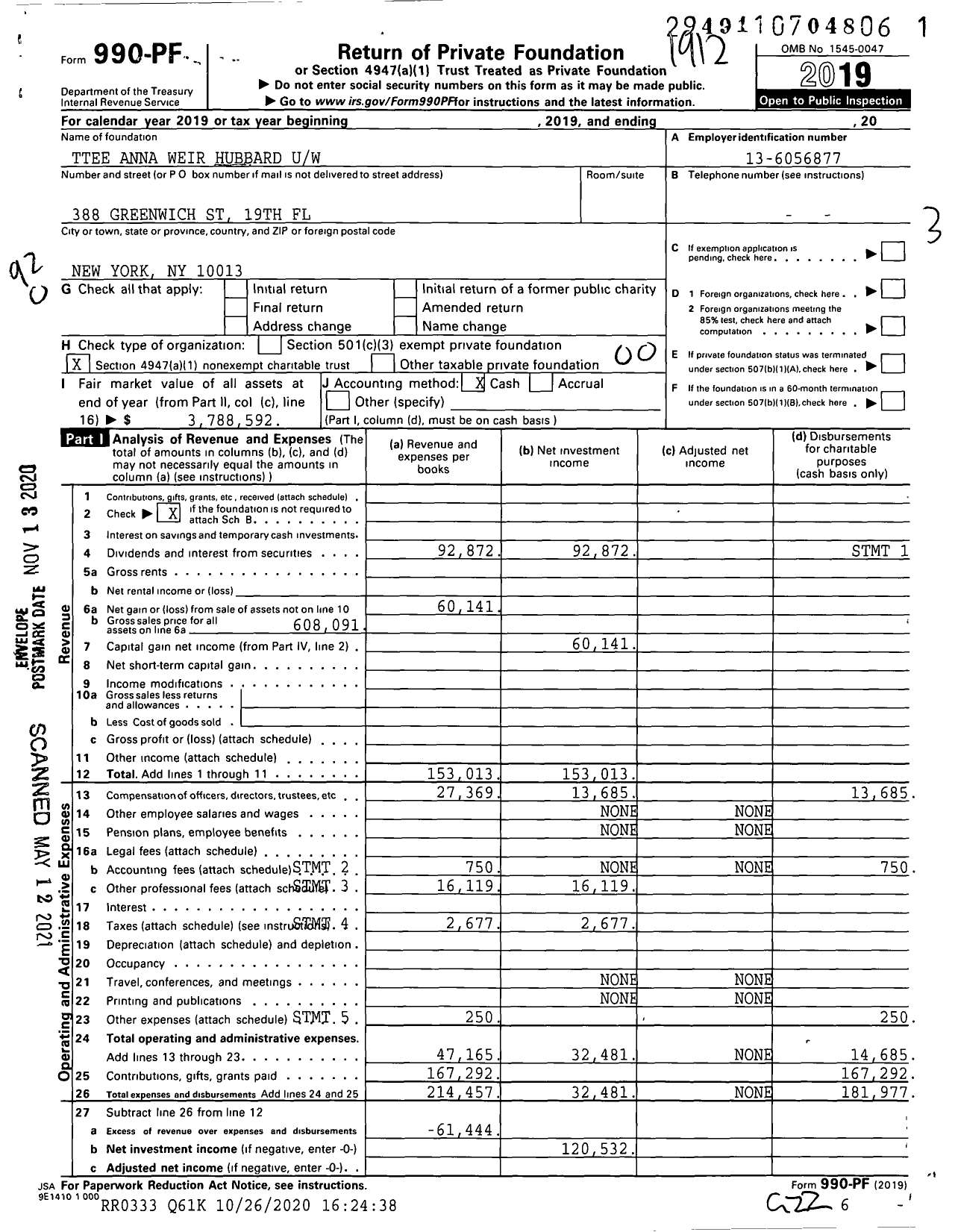 Image of first page of 2019 Form 990PF for Trustees Anna Weir Hubbard Uw