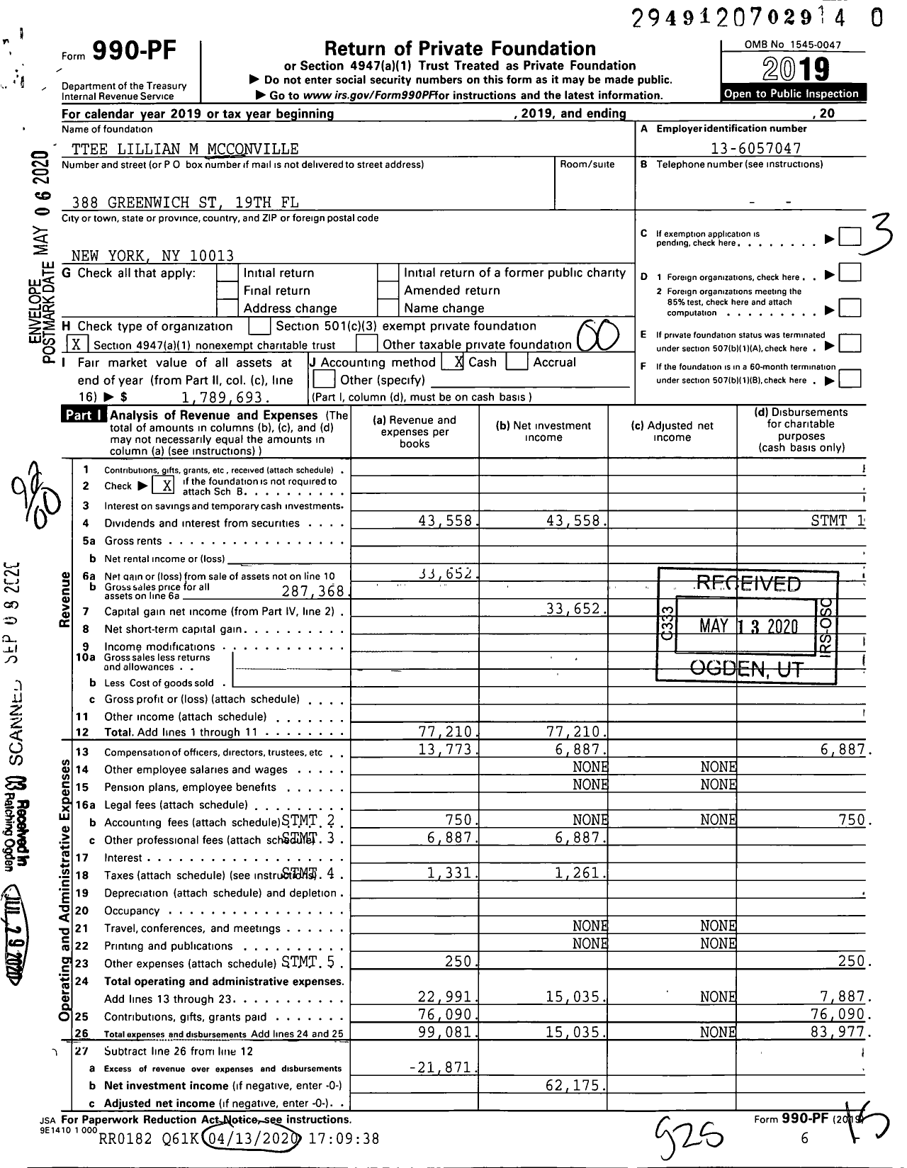 Image of first page of 2019 Form 990PR for Trustees Lillian M Mcconville