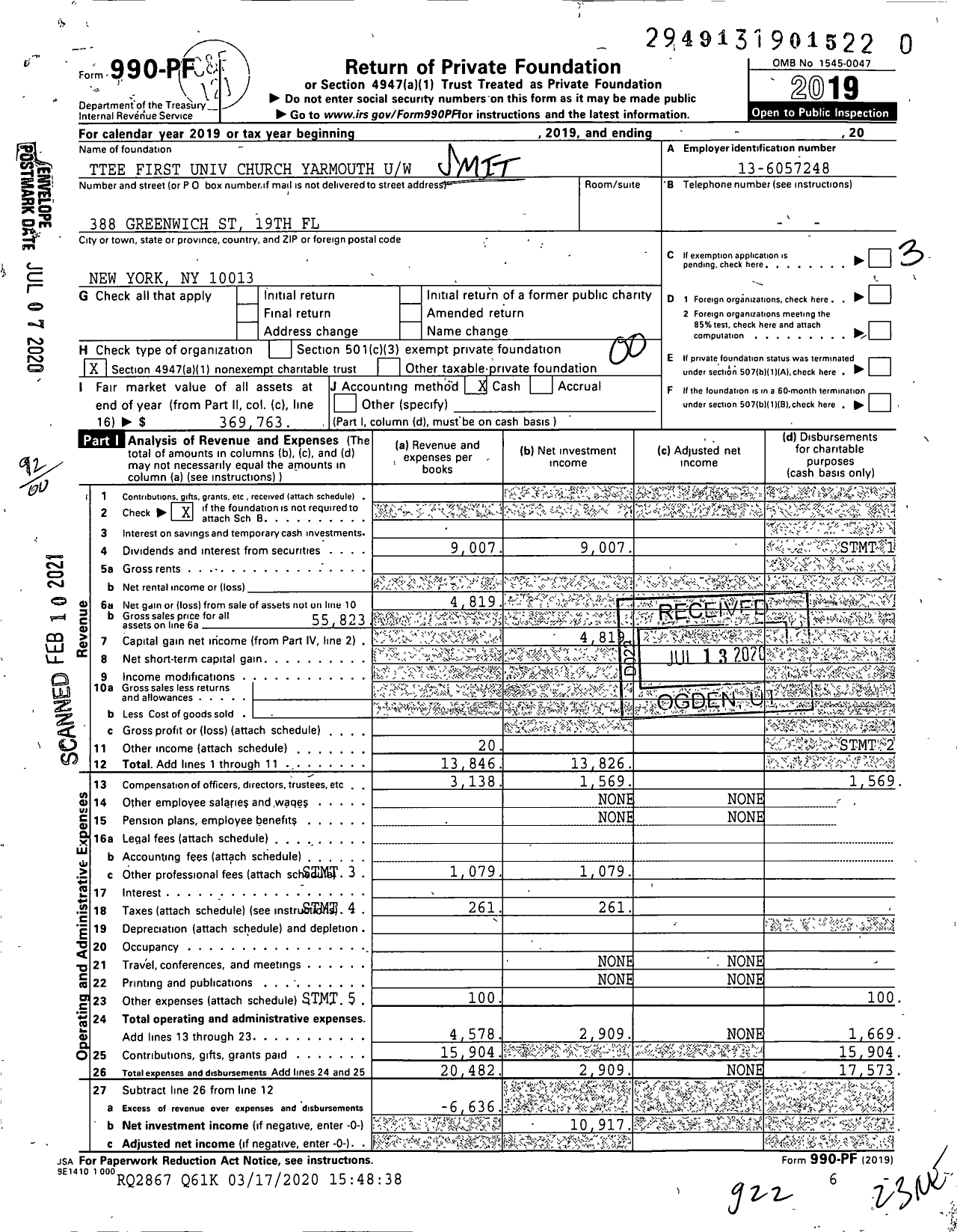 Image of first page of 2019 Form 990PF for Trustees First Univ Church Yarmouth Uw