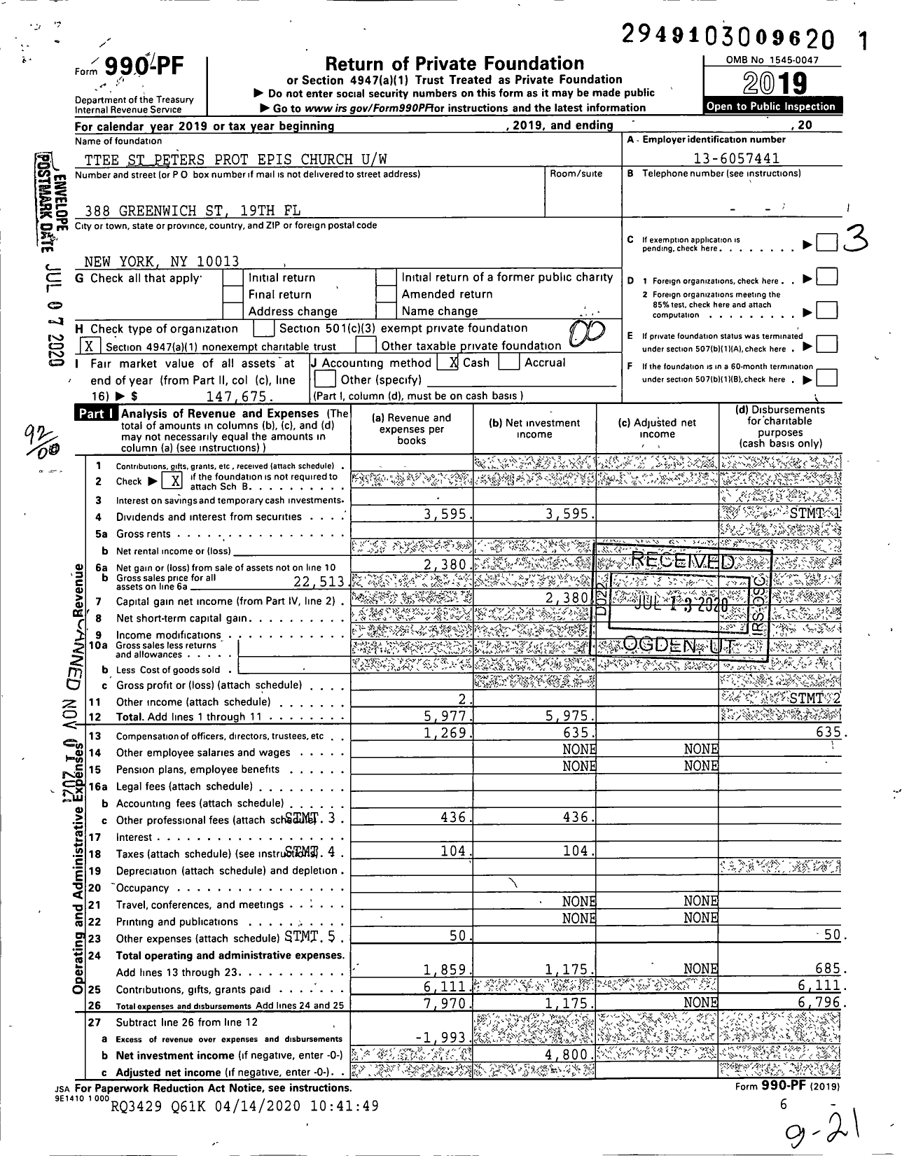 Image of first page of 2019 Form 990PF for Trustees St Peters Prot Epis Church Uw