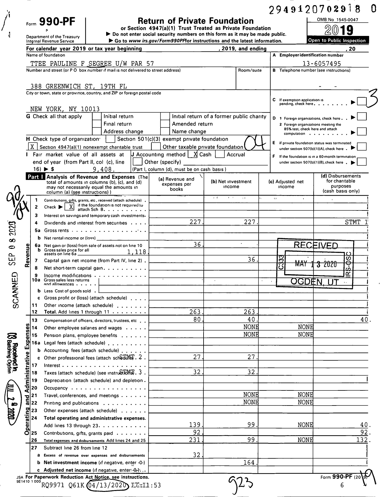 Image of first page of 2019 Form 990PR for Trustees Pauline F Segree Uw Par 57