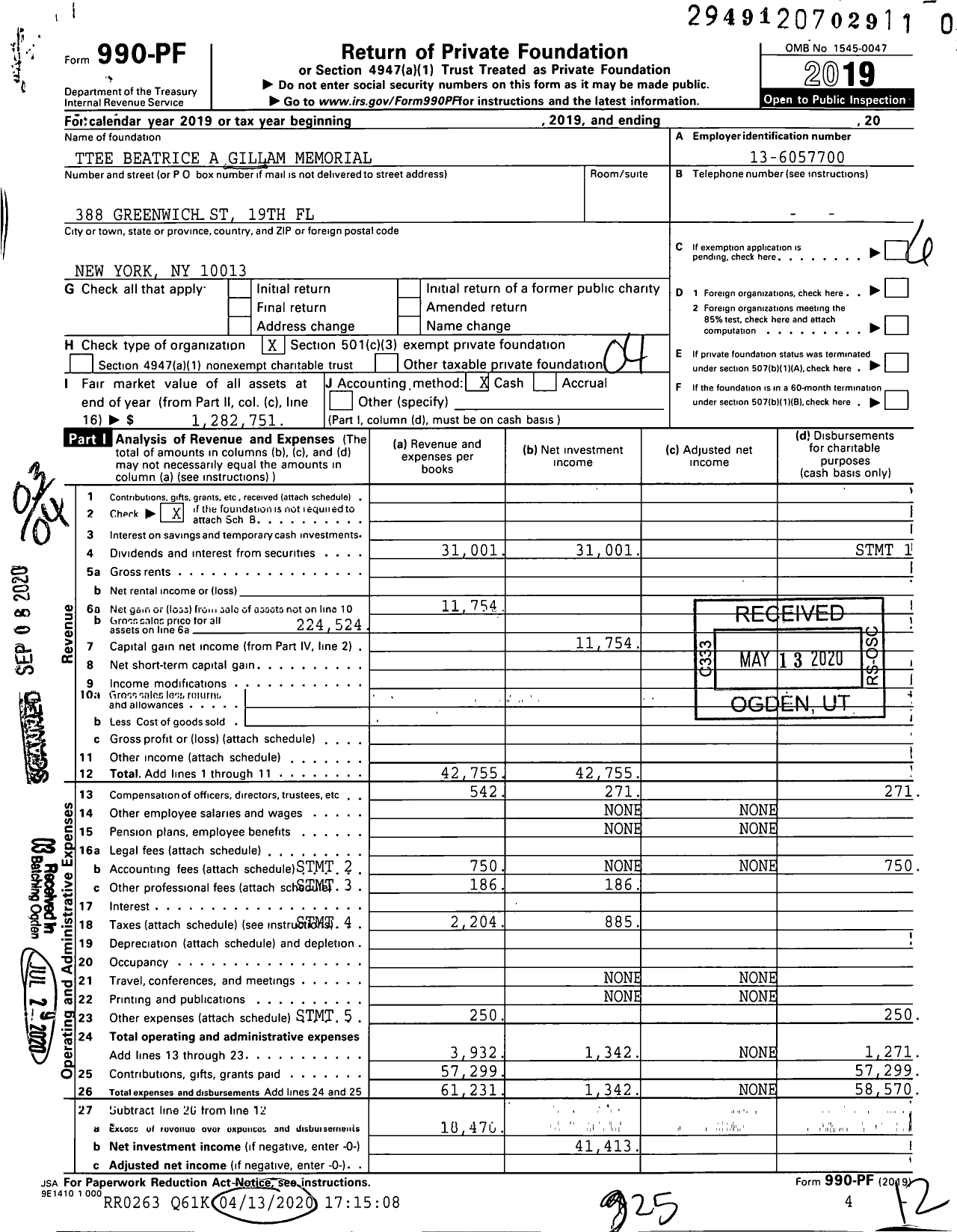 Image of first page of 2019 Form 990PR for Trustees Beatrice A Gillam Memorial