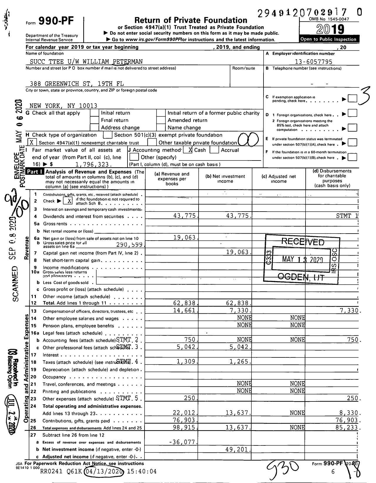 Image of first page of 2019 Form 990PR for Succ Ttee Uw William Peterman