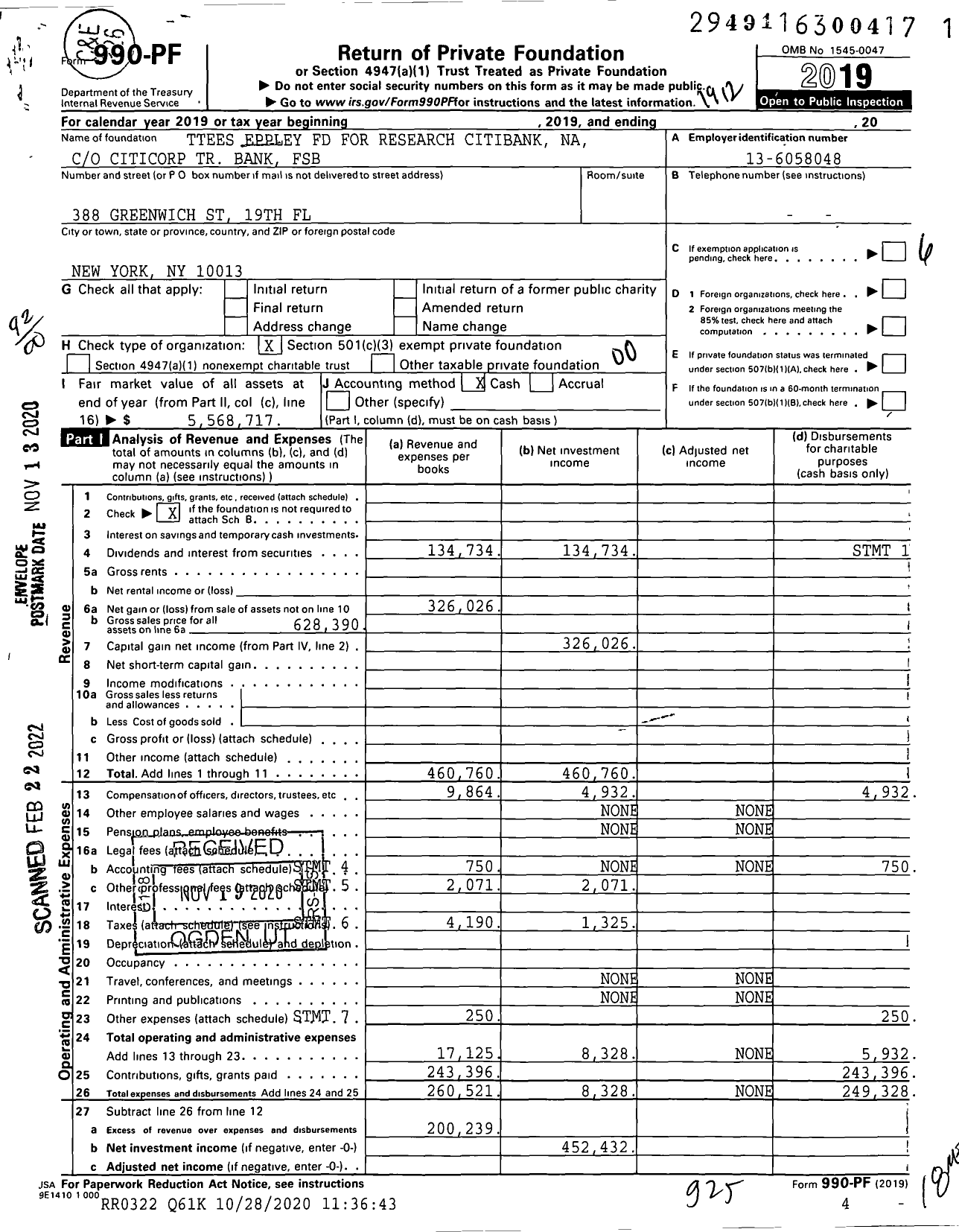 Image of first page of 2019 Form 990PF for Ttees Eppley FD for Research Citibank Na