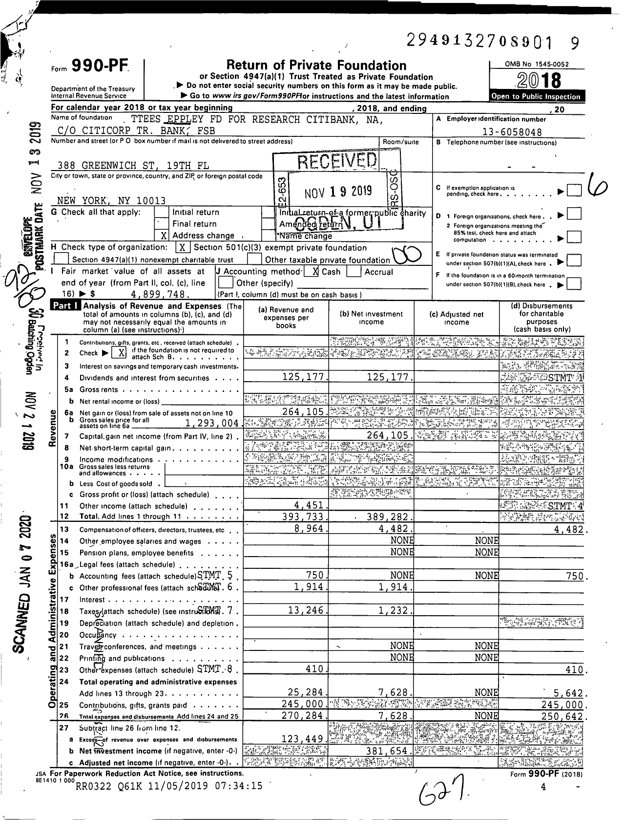 Image of first page of 2018 Form 990PF for Ttees Eppley FD for Research Citibank Na