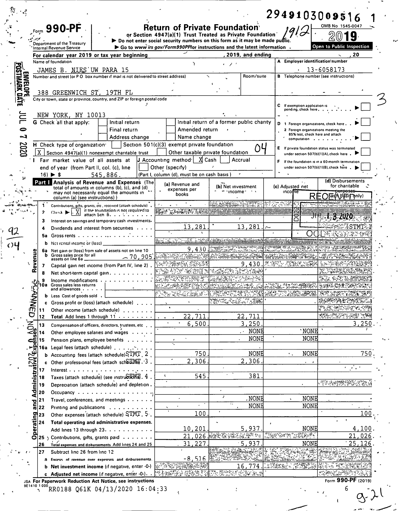 Image of first page of 2019 Form 990PF for James B Nies Uw Para 15