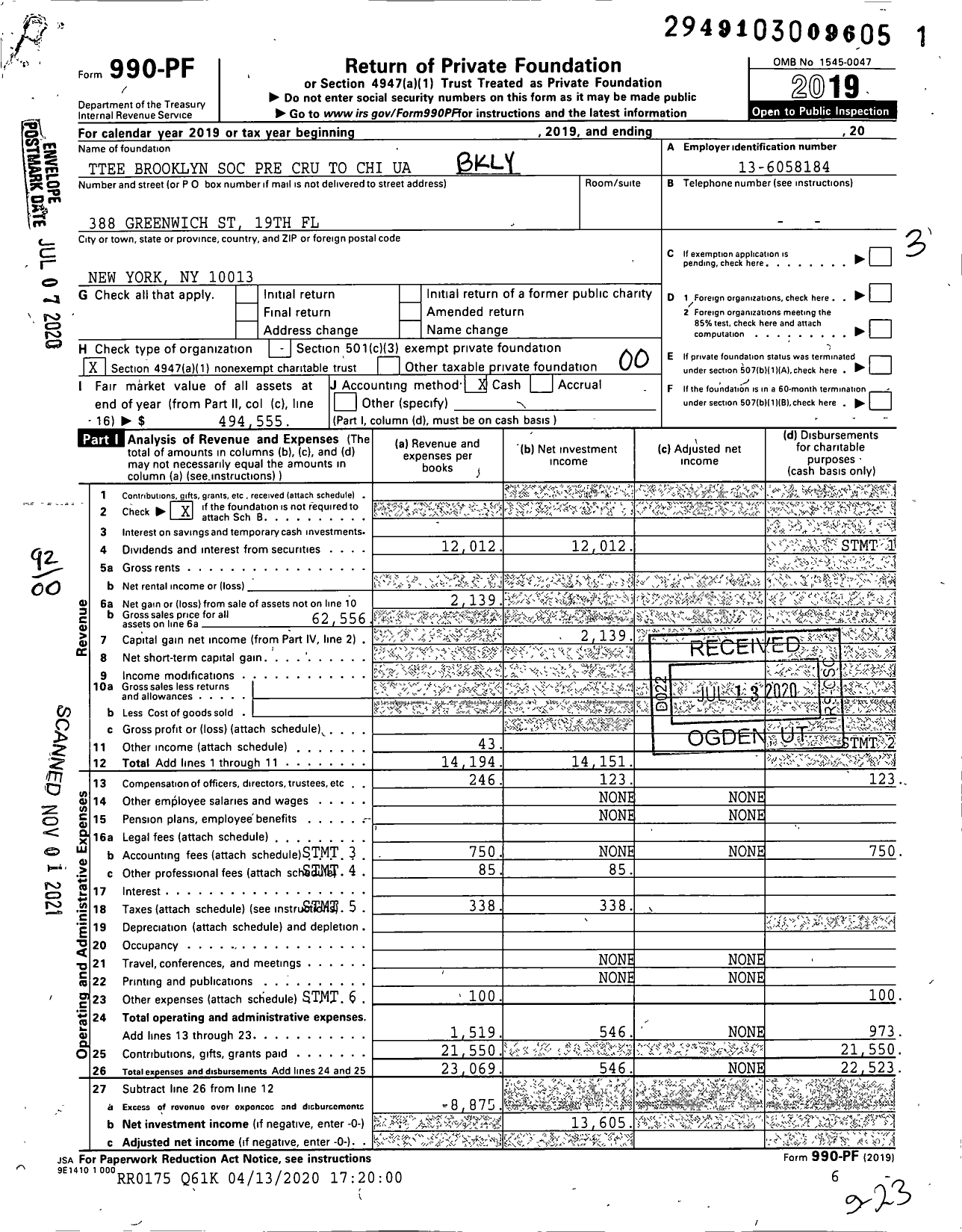 Image of first page of 2019 Form 990PF for Trustees Brooklyn Soc Pre Cru To Chi