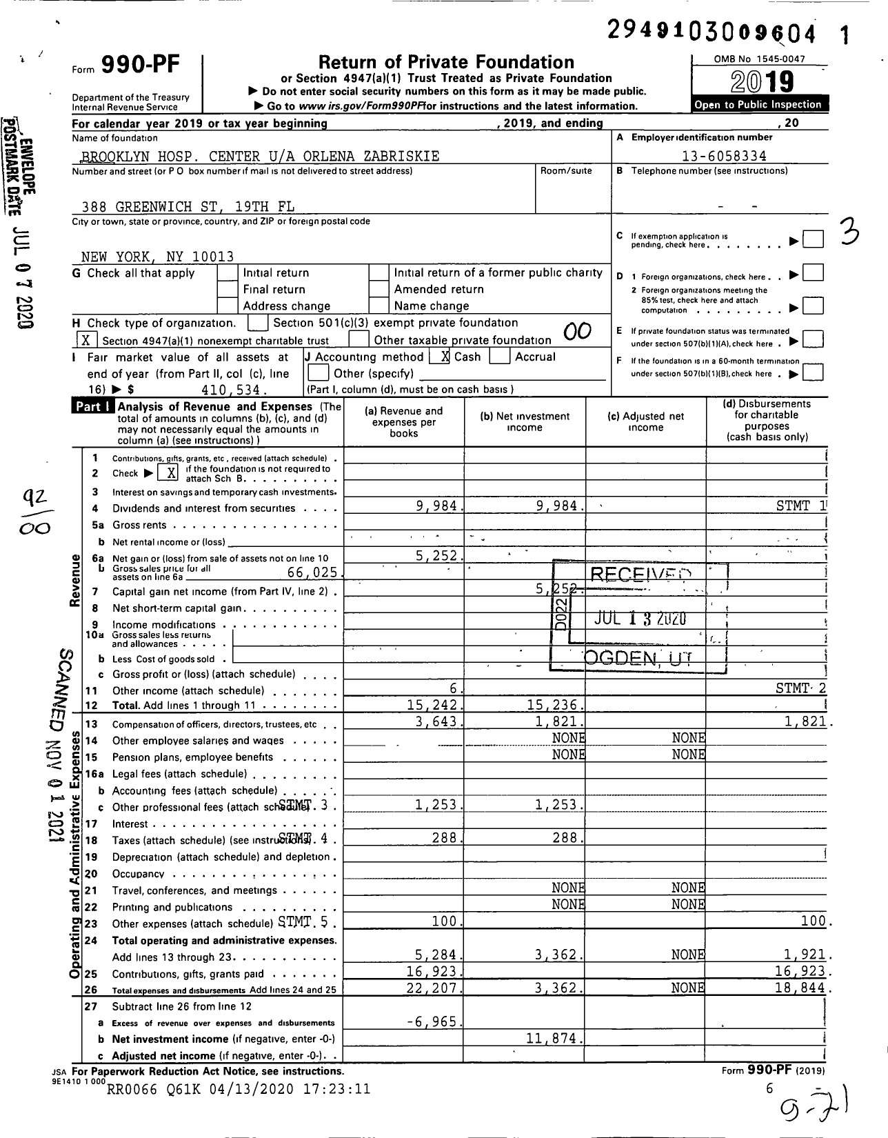 Image of first page of 2019 Form 990PF for Brooklyn Hospital Center Orlena Zabriskie