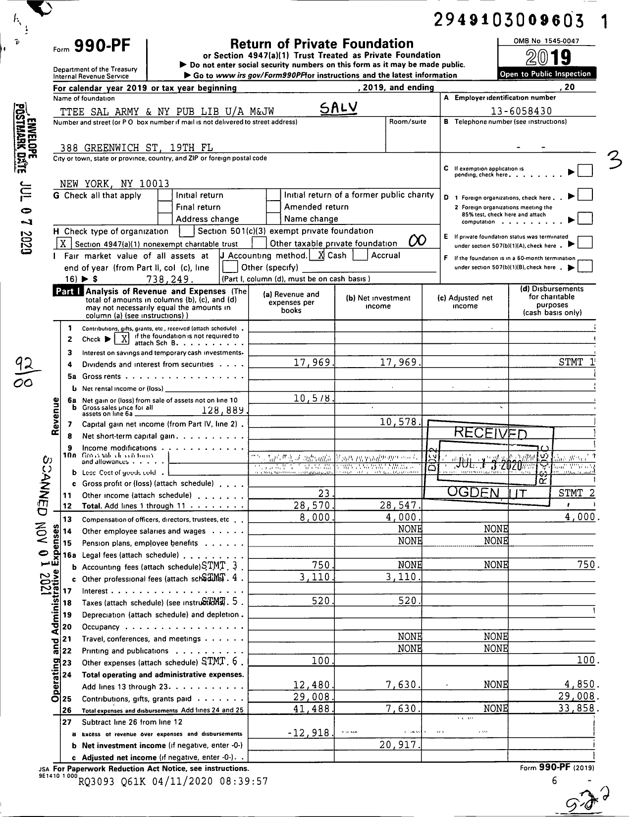 Image of first page of 2019 Form 990PF for Trustees Sal Army and Ny Pub Lib M&JW