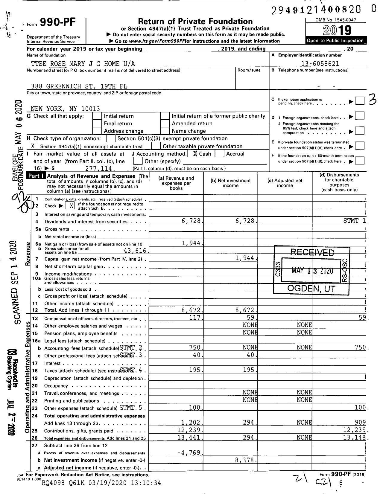 Image of first page of 2019 Form 990PR for Trustees Rose Mary J G Home