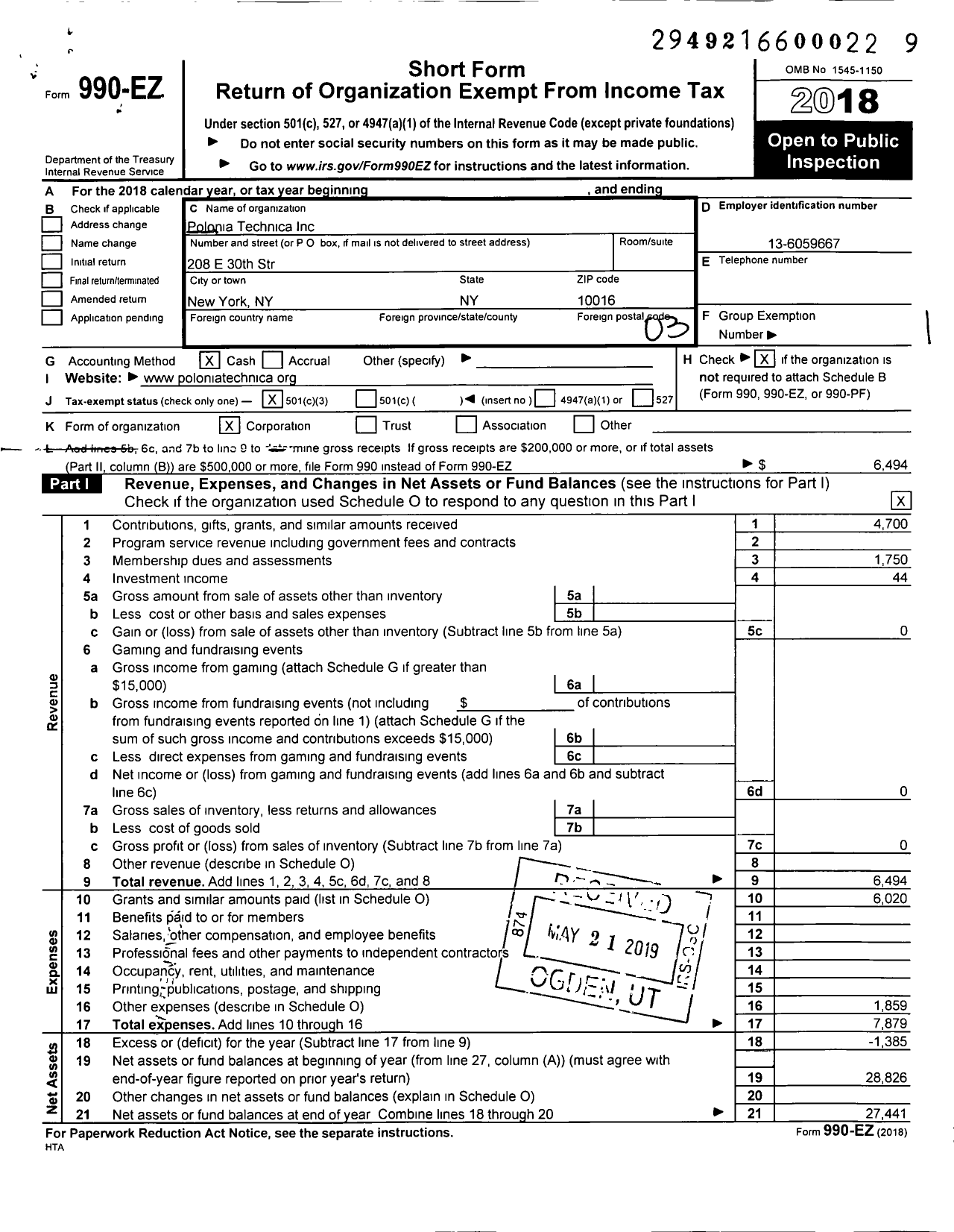 Image of first page of 2018 Form 990EZ for Polonia Technica