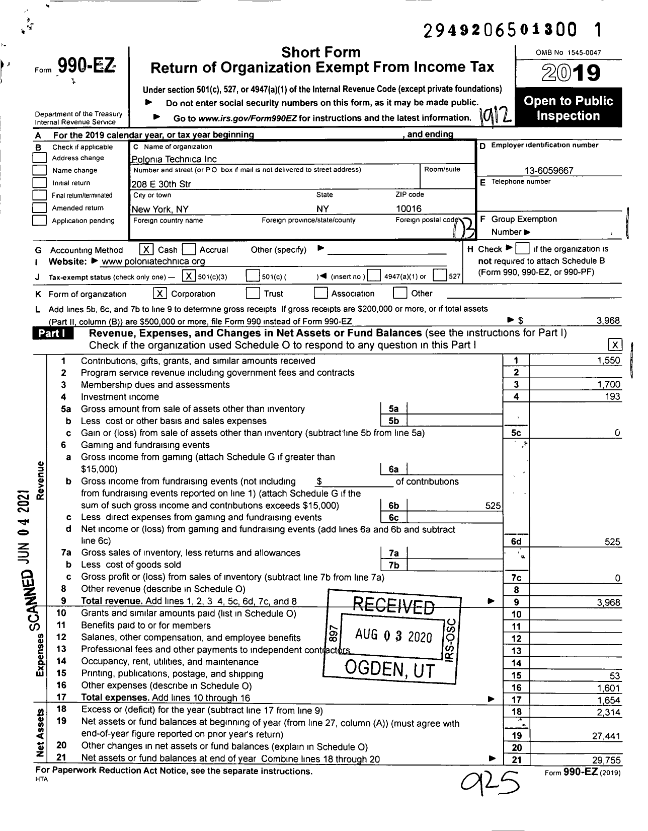 Image of first page of 2019 Form 990EZ for Polonia Technica