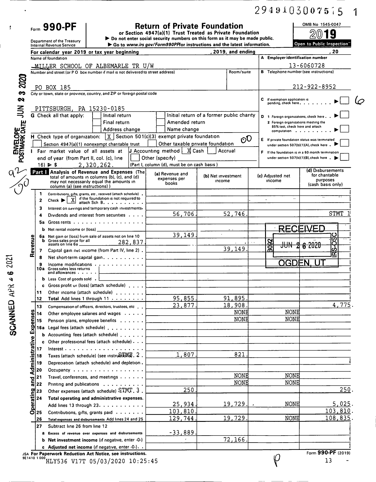 Image of first page of 2019 Form 990PF for Miller School of Albemarle TR Uw