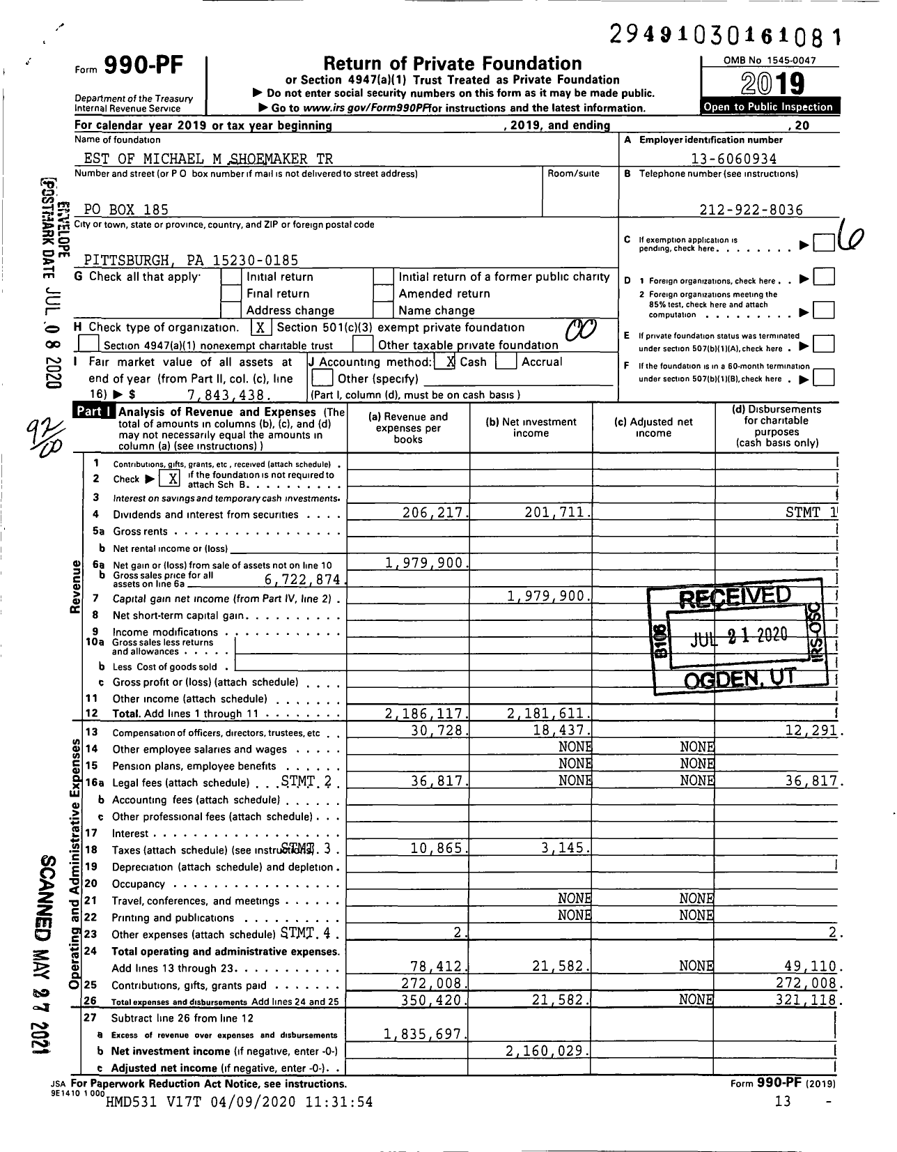 Image of first page of 2019 Form 990PF for Est of Michael M Shoemaker Trust