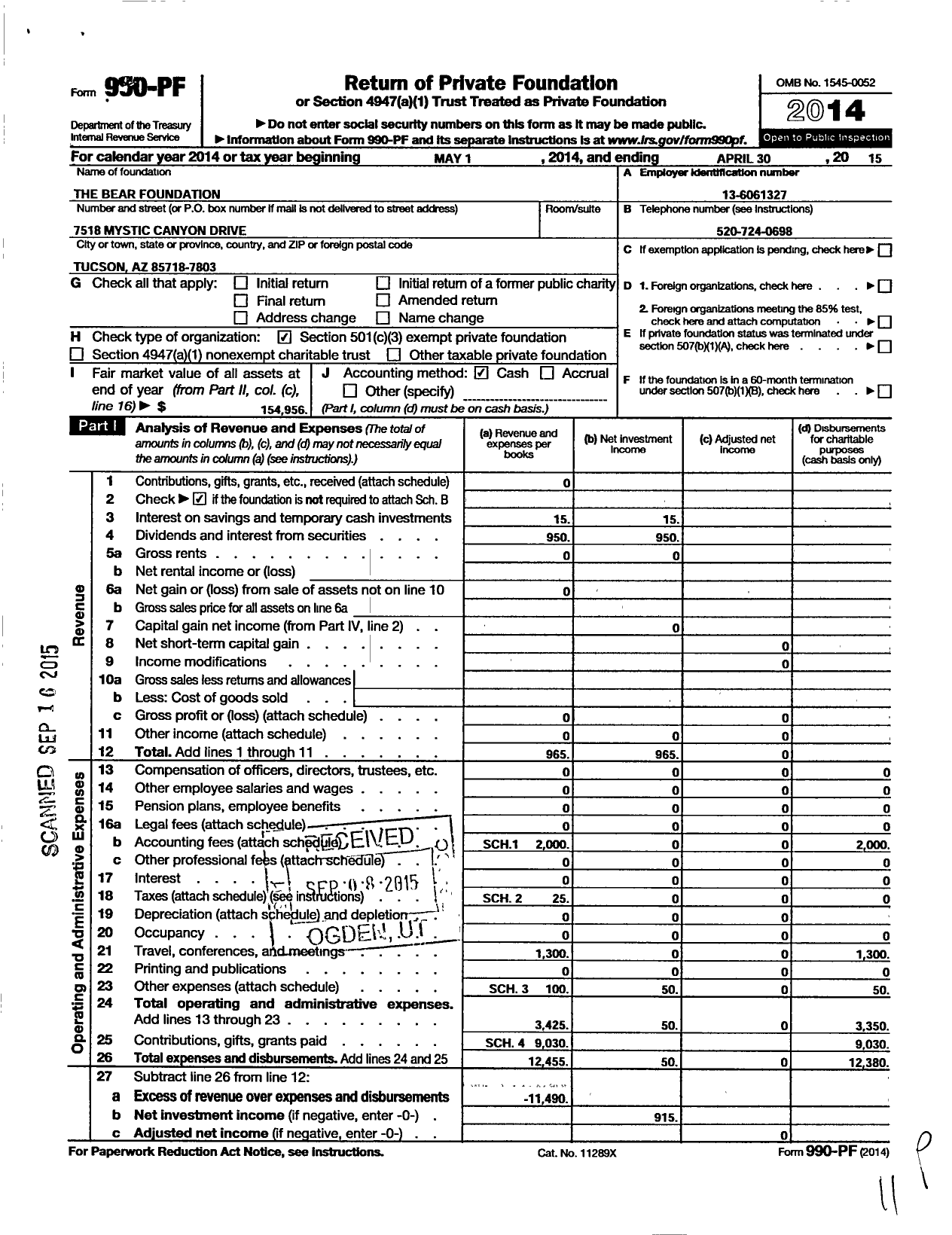 Image of first page of 2014 Form 990PF for Bear Foundation