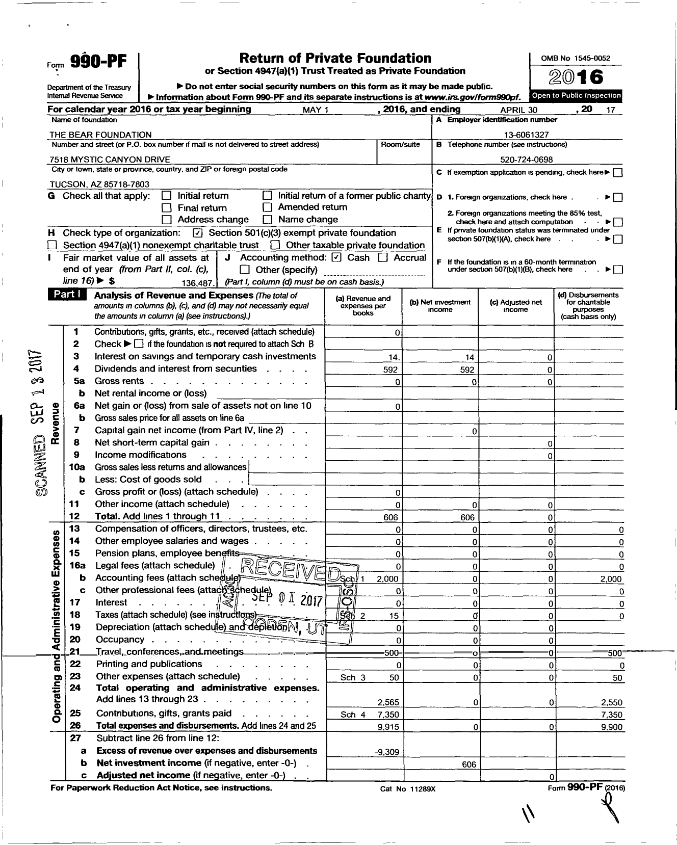 Image of first page of 2016 Form 990PF for Bear Foundation