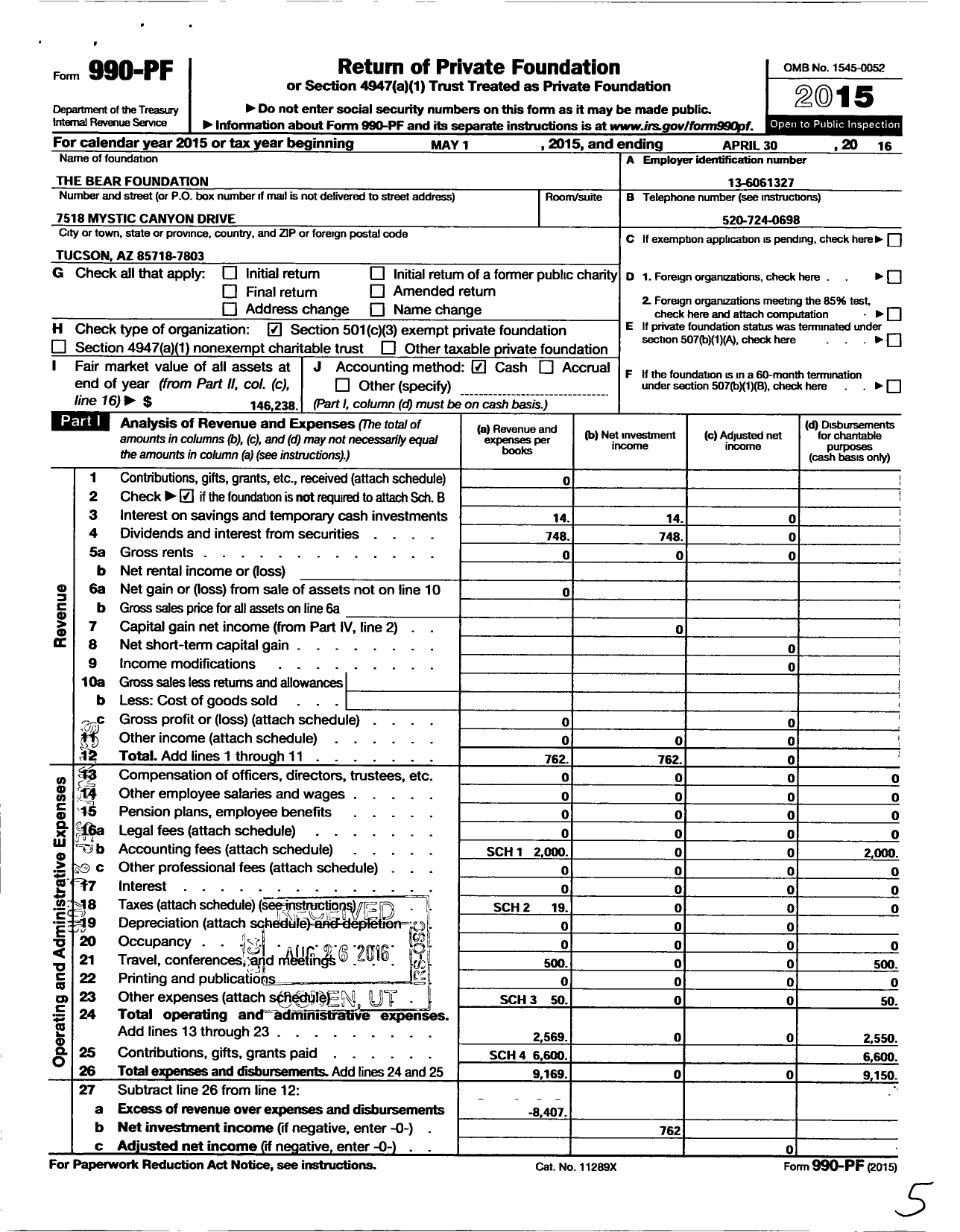 Image of first page of 2015 Form 990PF for Bear Foundation