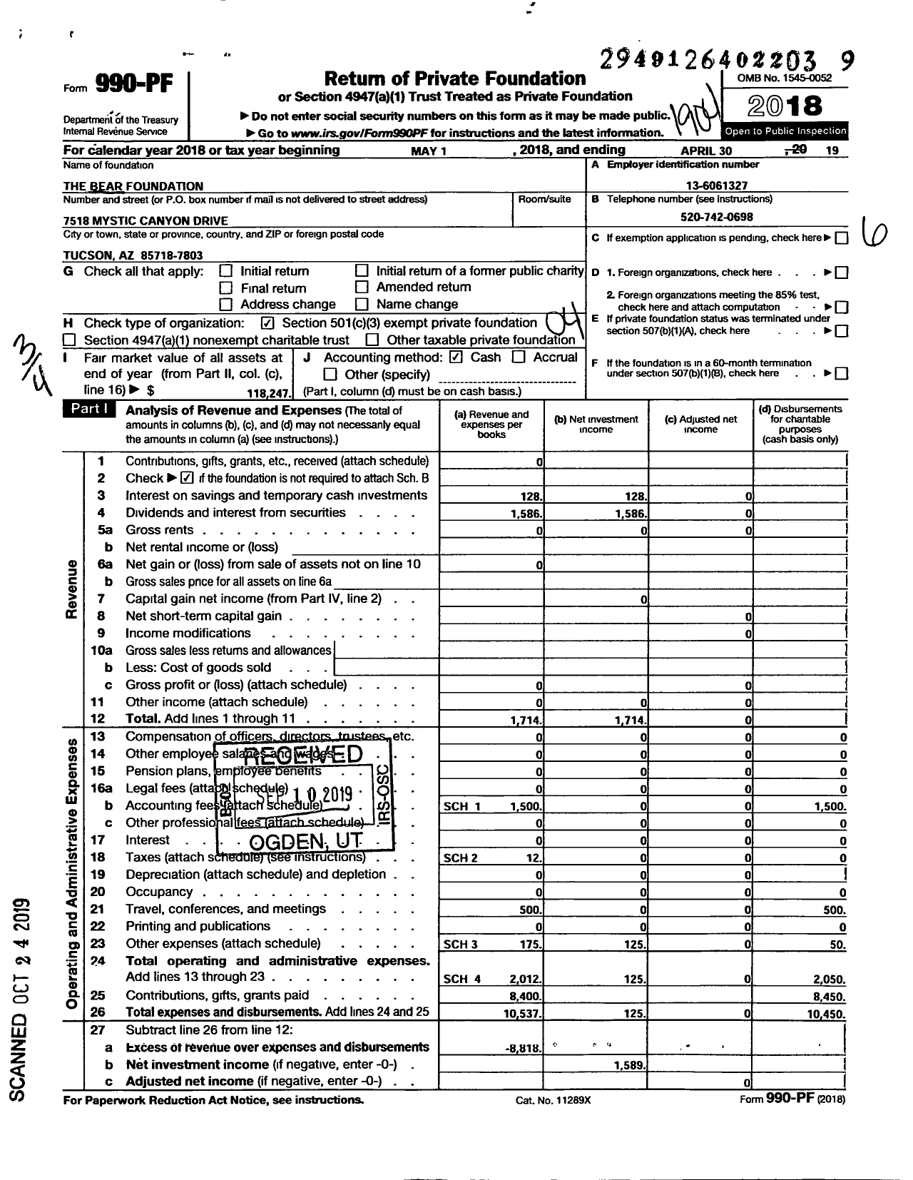 Image of first page of 2018 Form 990PF for Bear Foundation