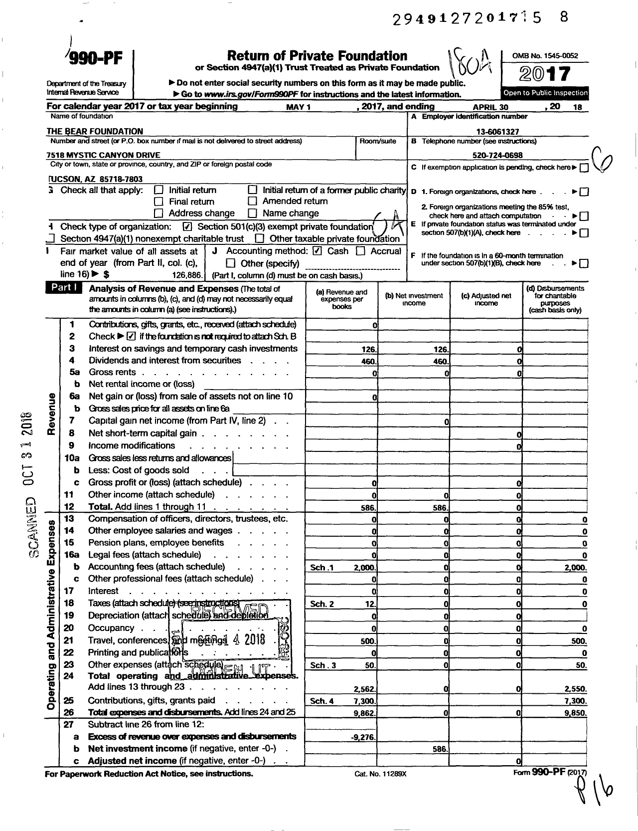 Image of first page of 2017 Form 990PF for Bear Foundation
