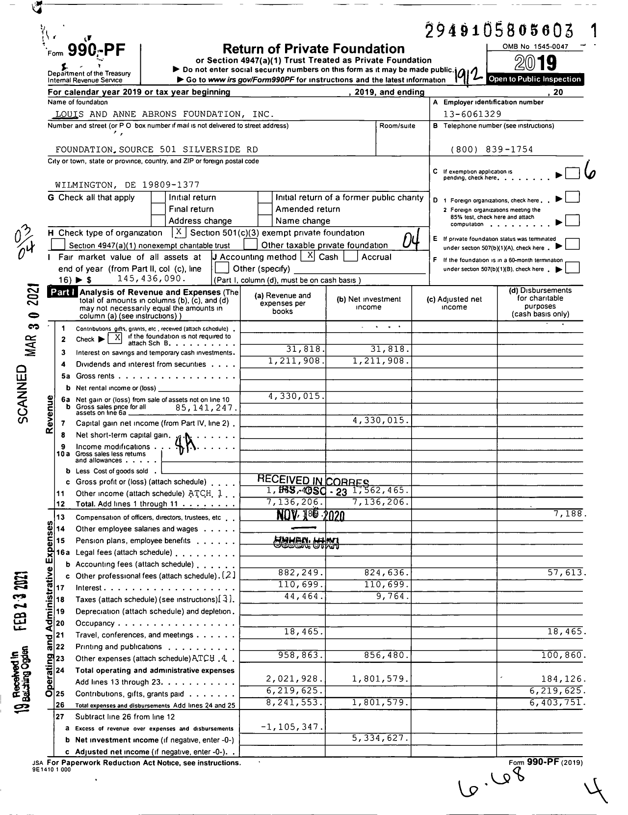 Image of first page of 2019 Form 990PF for Louis and Anne Abrons Foundation