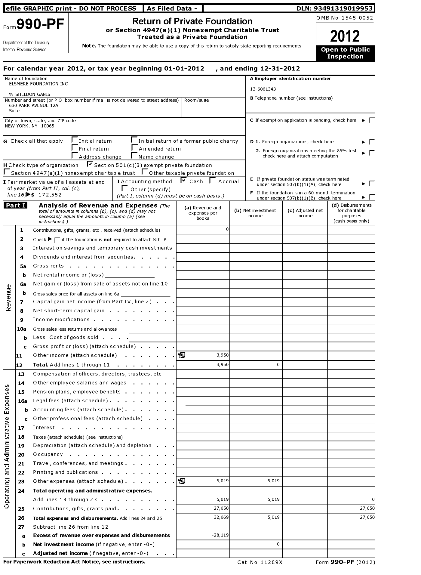 Image of first page of 2012 Form 990PF for Elsmere Foundation
