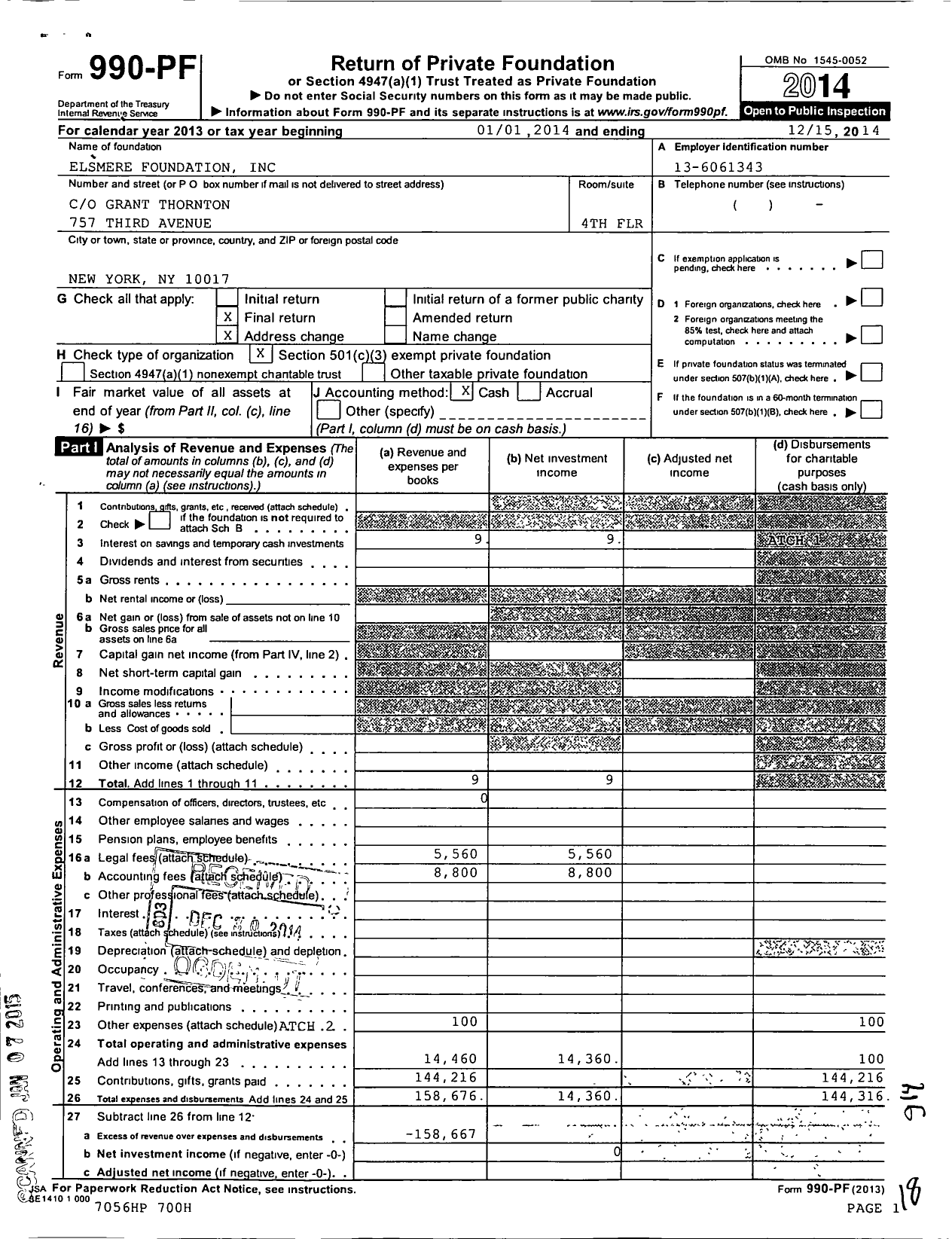 Image of first page of 2014 Form 990PF for Elsmere Foundation