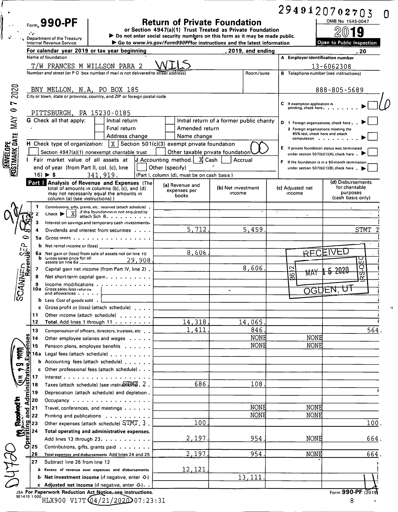 Image of first page of 2019 Form 990PR for TW Frances M Willson Para 2