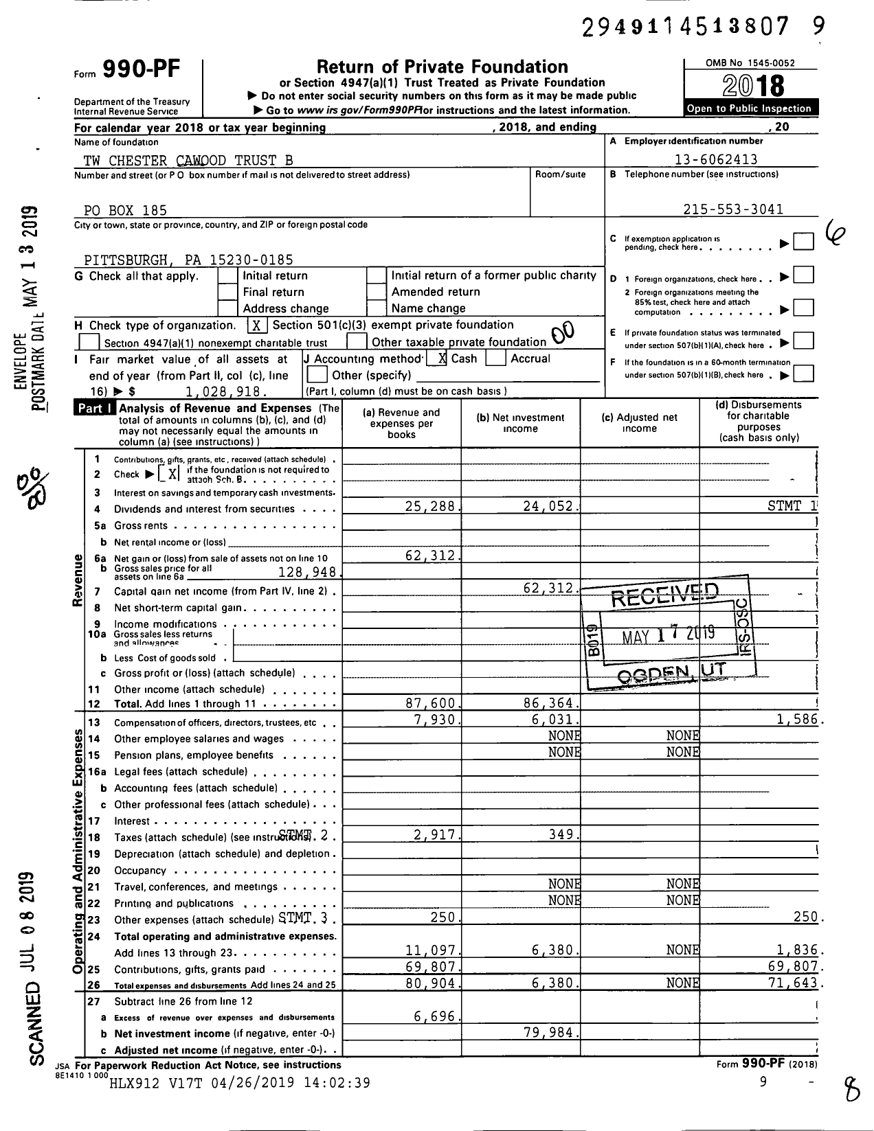 Image of first page of 2018 Form 990PF for TW Chester Cawood Trust B