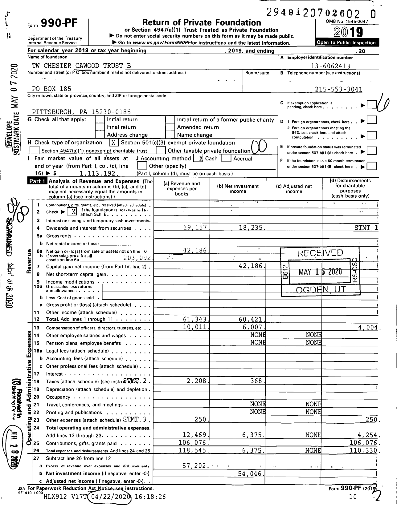 Image of first page of 2019 Form 990PR for TW Chester Cawood Trust B