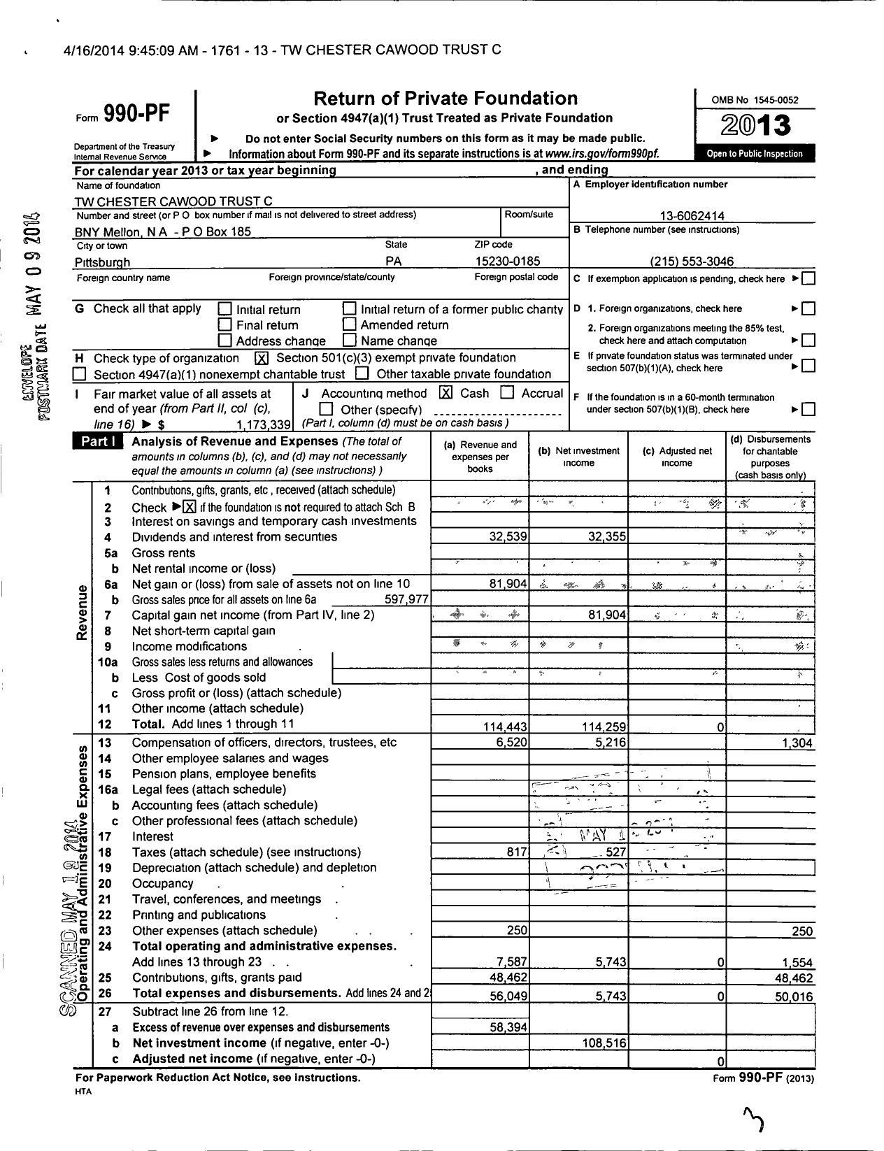 Image of first page of 2013 Form 990PF for TW Chester Cawood Trust C