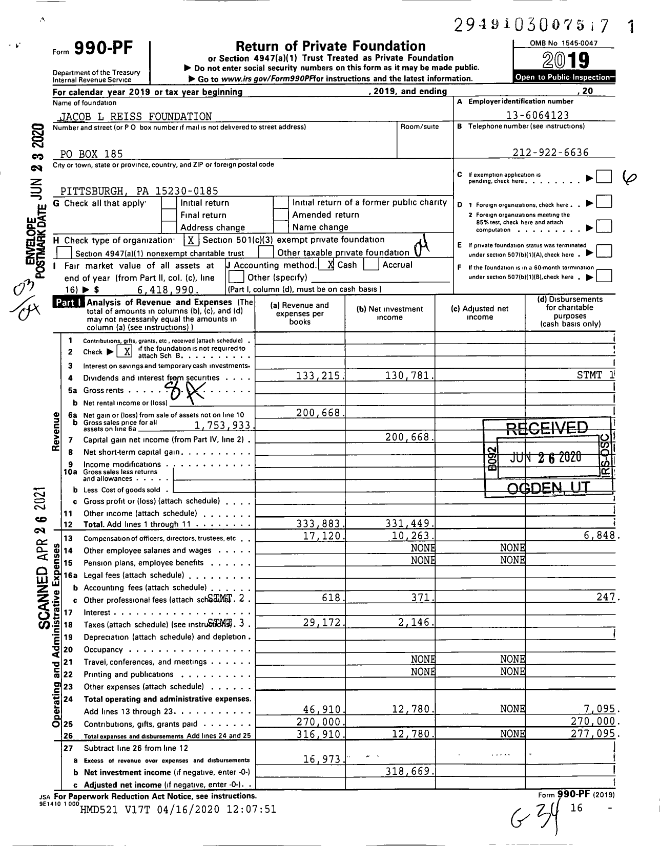 Image of first page of 2019 Form 990PF for Jacob L Reiss Foundation