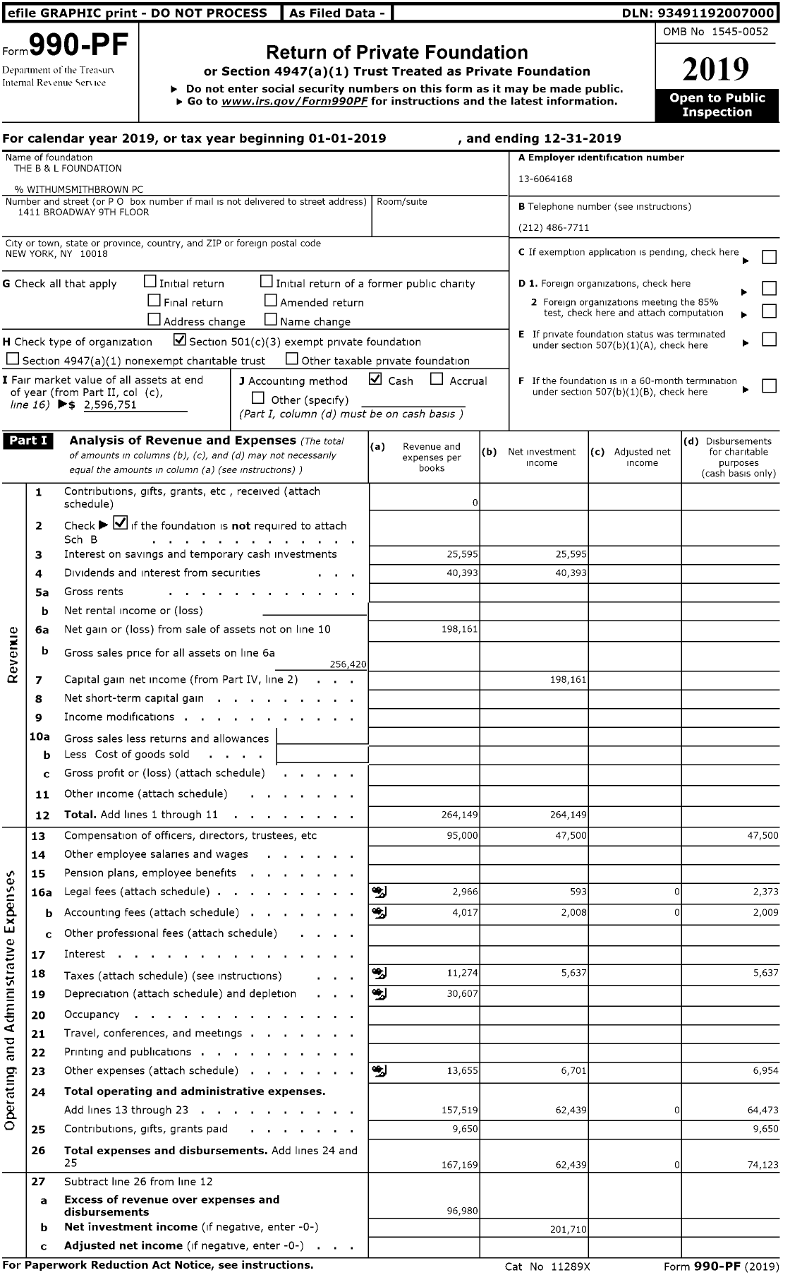 Image of first page of 2019 Form 990PR for The B and L Foundation