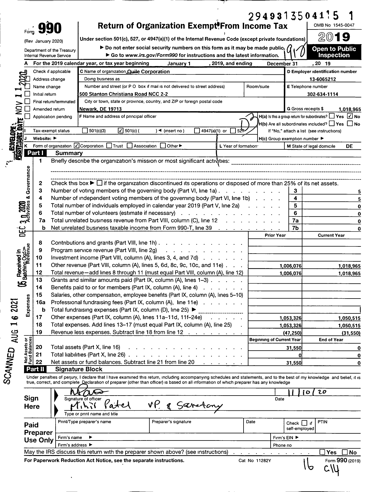 Image of first page of 2019 Form 990 for Quile Corporation
