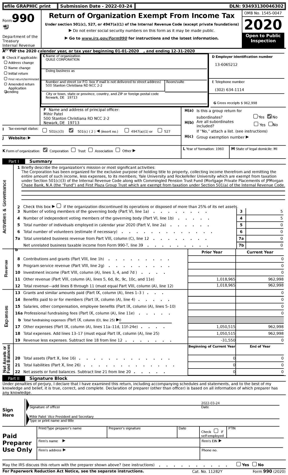Image of first page of 2020 Form 990 for Quile Corporation