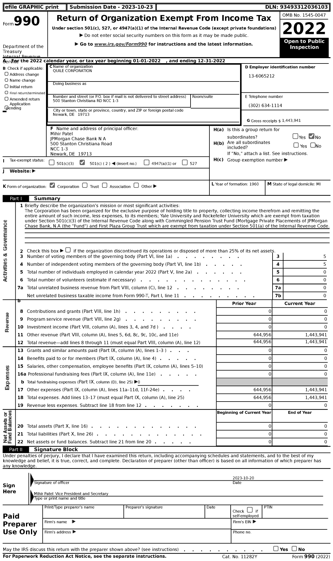 Image of first page of 2022 Form 990 for Quile Corporation