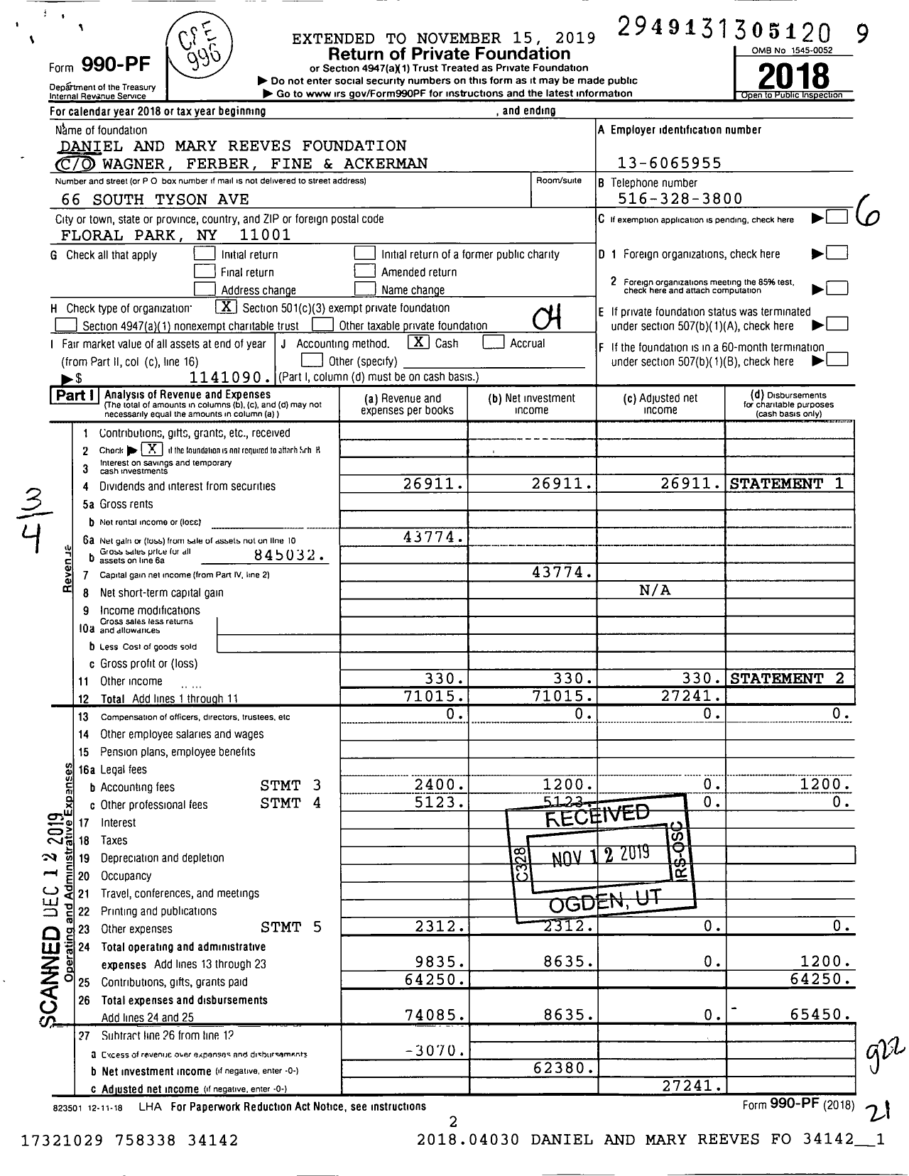 Image of first page of 2018 Form 990PF for Daniel and Mary Reeves Foundation