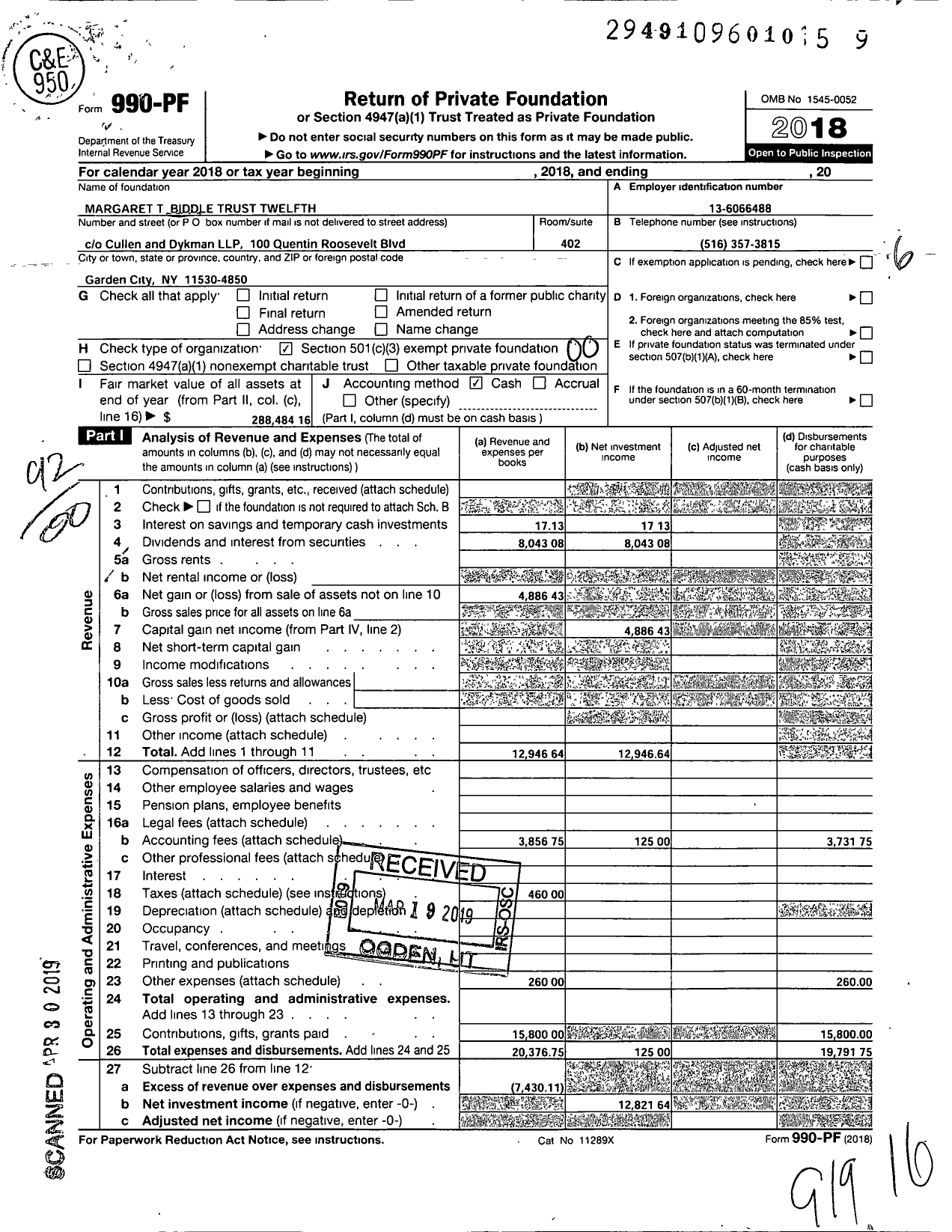 Image of first page of 2018 Form 990PF for Margaret T Biddle Trust Twelfth